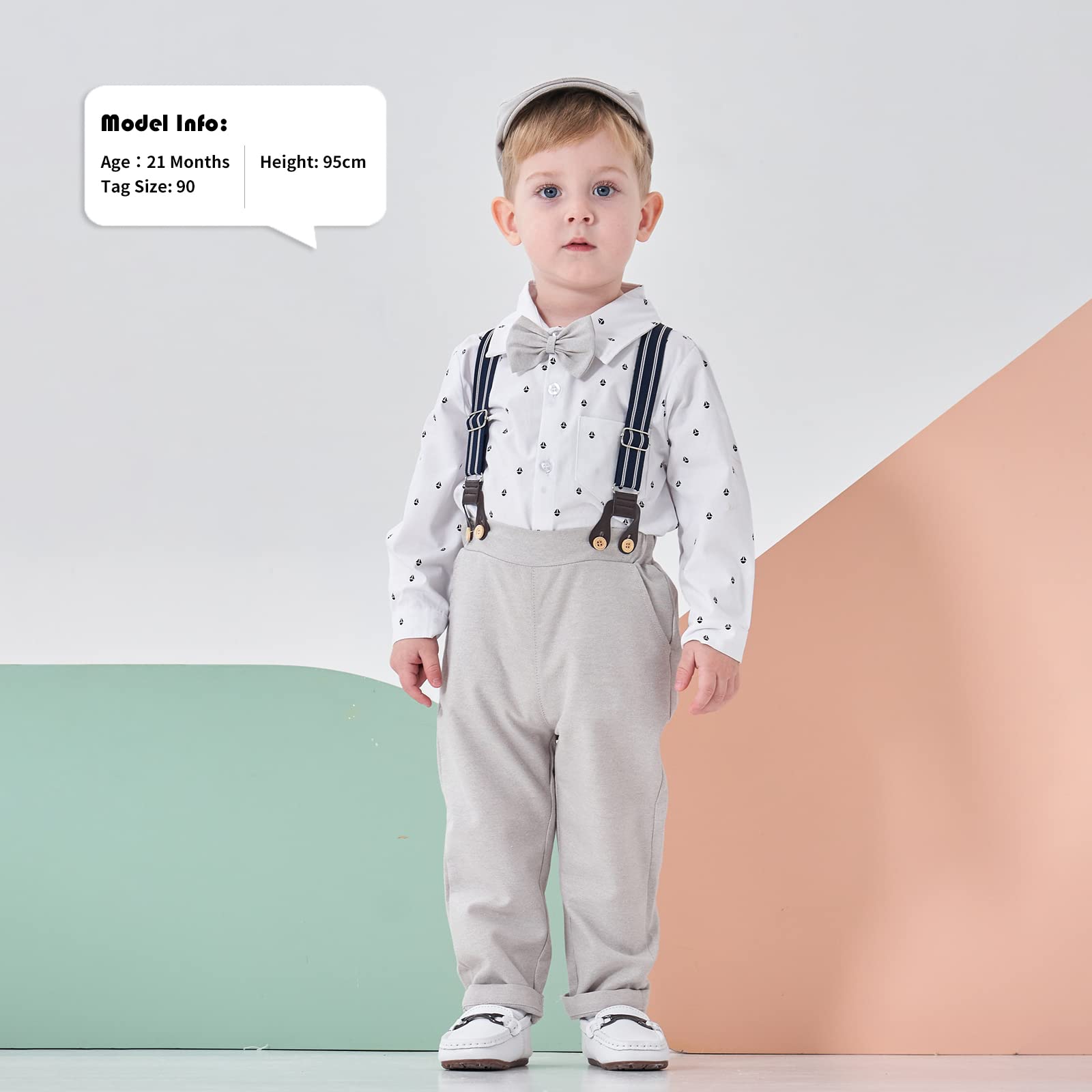 Volunboy Baby Boy Clothes Set - Infant Gentleman Wedding Outfit with Romper, Ring Bearer Beret Hat, Suspenders & Bowtie Suit - Perfect for Weddings, Christenings & Formal Occasions