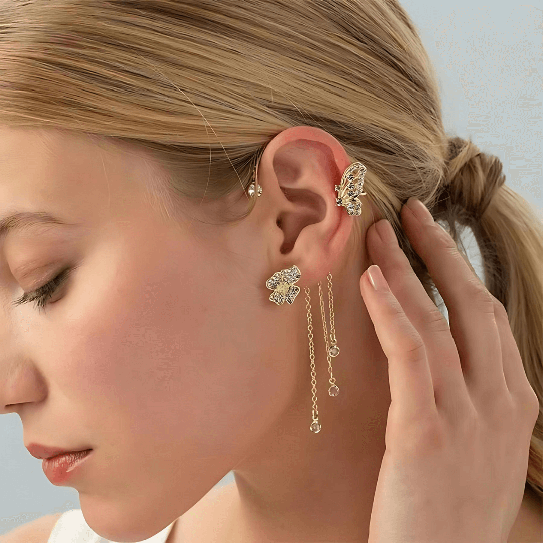 Non-Pierced Butterfly Tassel Elf Ear Clip Rose Wrap Climber Earrings for Women - Boho Festival Accessories | Perfect for Cosplay, Halloween Costumes & Fairy Themed Parties (Style A0148)