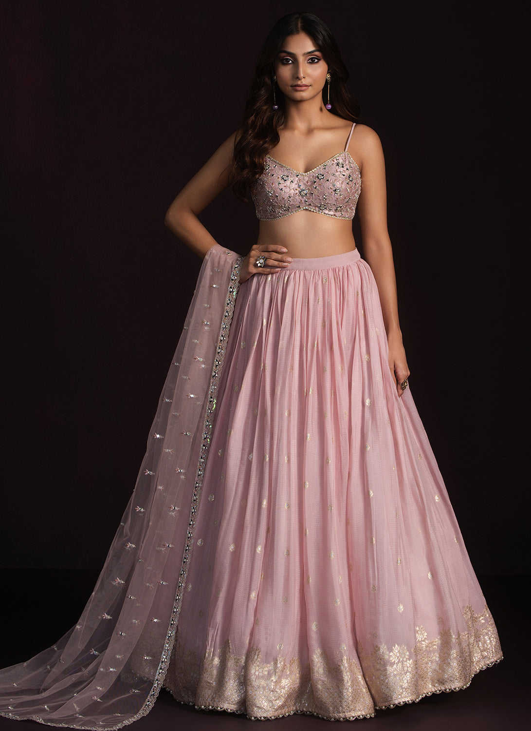 Light Pink Embroidered Net Lehenga Choli - Traditional Indian Bridal Dress for Weddings & Festivals