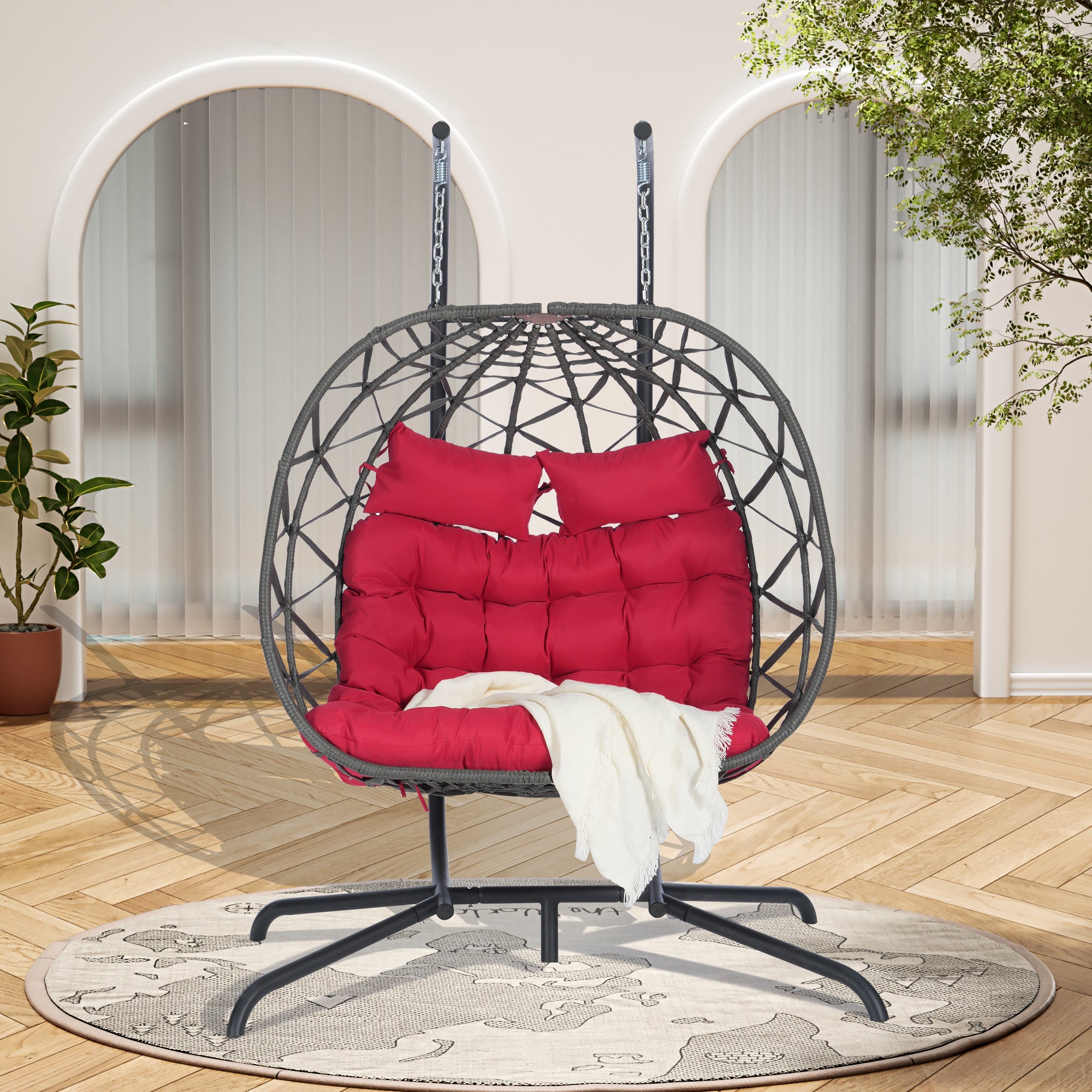 Double Egg Chair with Stand - Indoor/Outdoor Wicker Rattan Swing Chair with UV-Resistant Cushions (600 lbs Capacity) - Perfect for Bedroom, Balcony, Patio, Garden & Backyard Relaxation