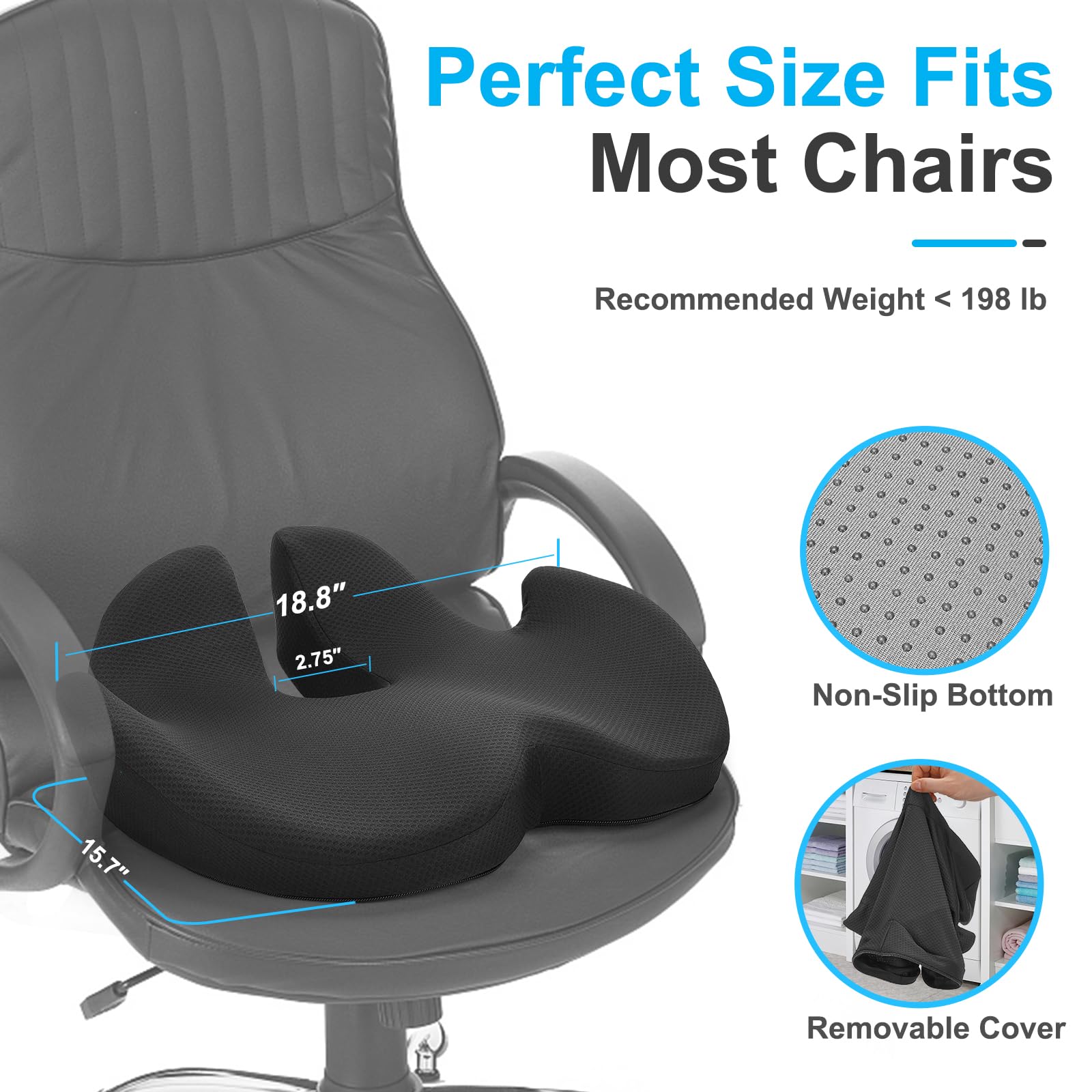 Memory Foam Seat Cushion for Office Chairs - Sciatica & Tailbone Pain Relief - Gaming & Wheelchair Use