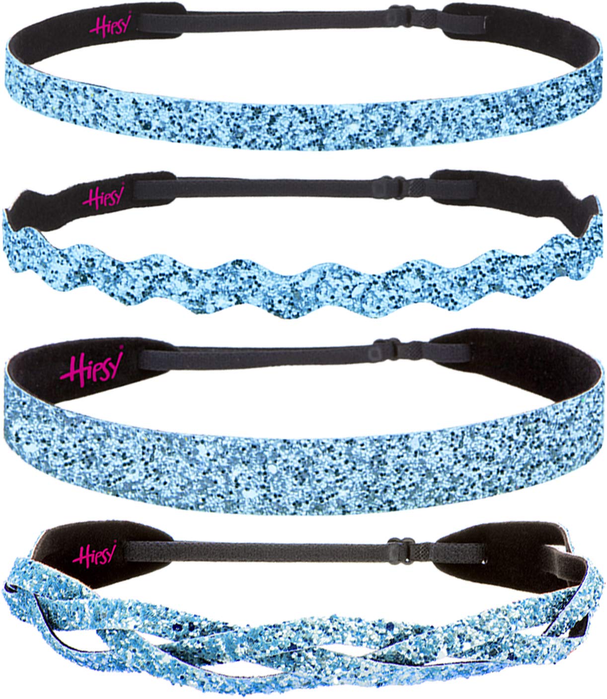 Stylish Plus Size Adjustable No-Slip Sparkly Bling Headbands 4-Pack for Women, Girls & Teens - Glitter Mixed Light Blue - Perfect for Workouts, Yoga, Sports & Everyday Fashion