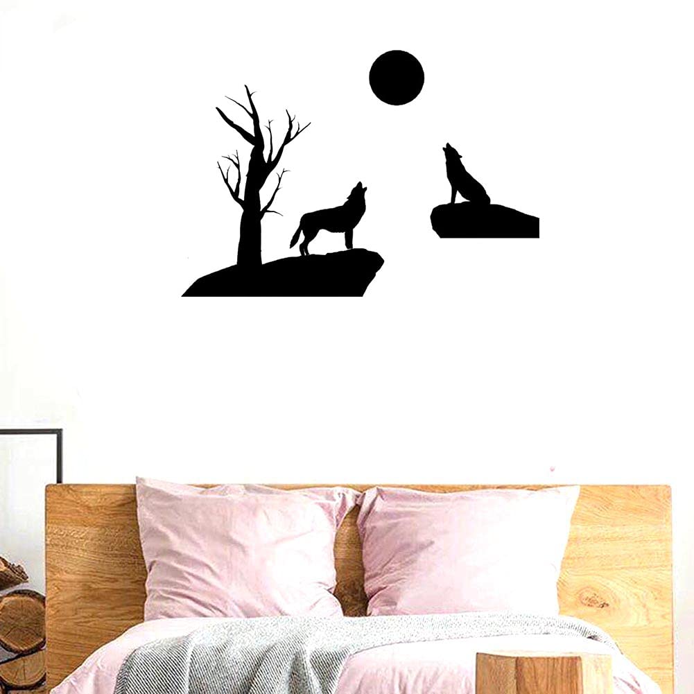 BIBITIME Wolf Wall Decal - 2 Howling Wolves on Mountain Cliff Vinyl Wall Sticker for Halloween, Living Room & Kids Bedroom Decor (Black) | Perfect for Nature-Themed Home Decor and Party Room Design