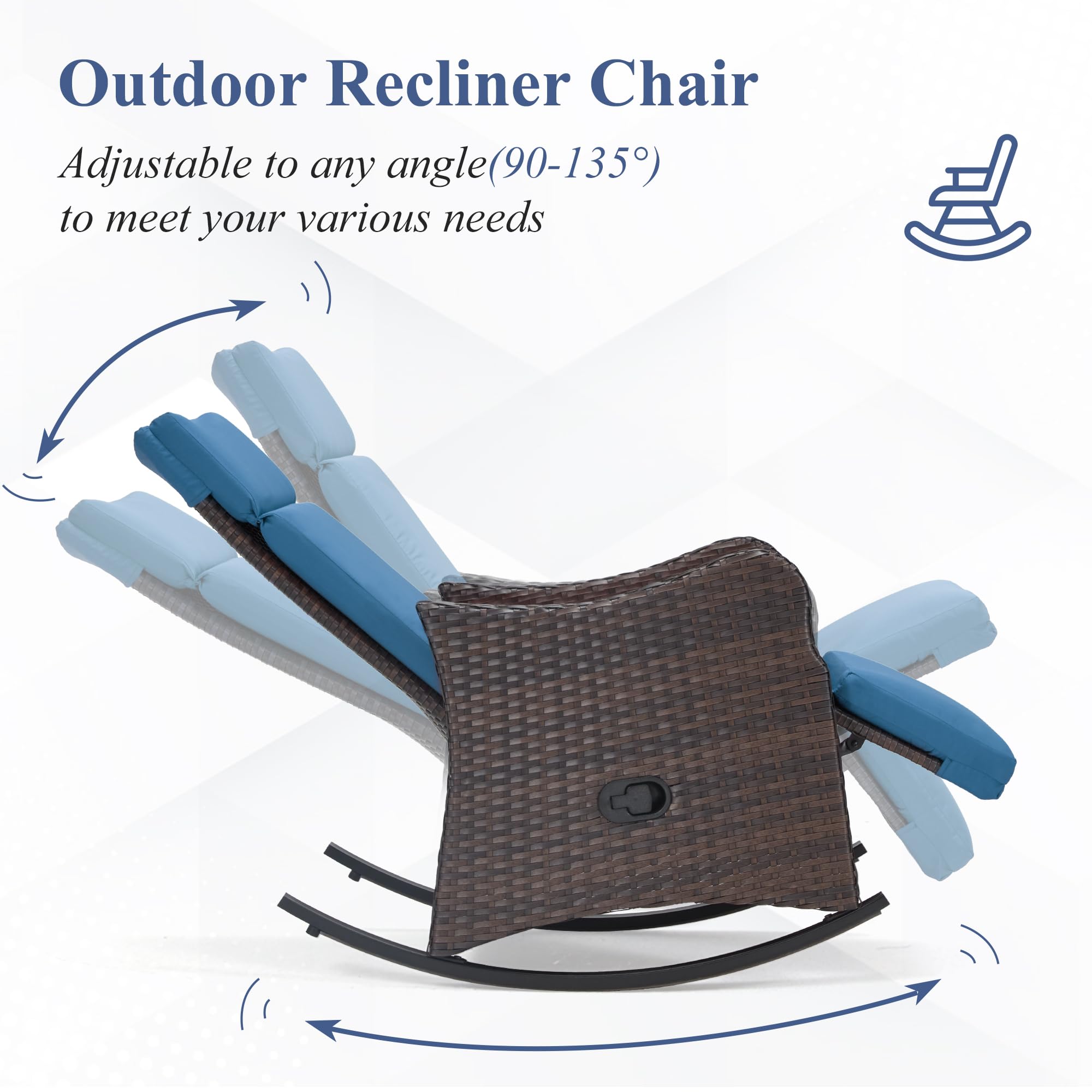 GYUTEI Outdoor Recliner Chair - Adjustable Wicker Lounge Chair with Extended Footrest & Thickened Removable Cushion - Comfortable Patio Garden Balcony Furniture for Relaxing - Navy Blue