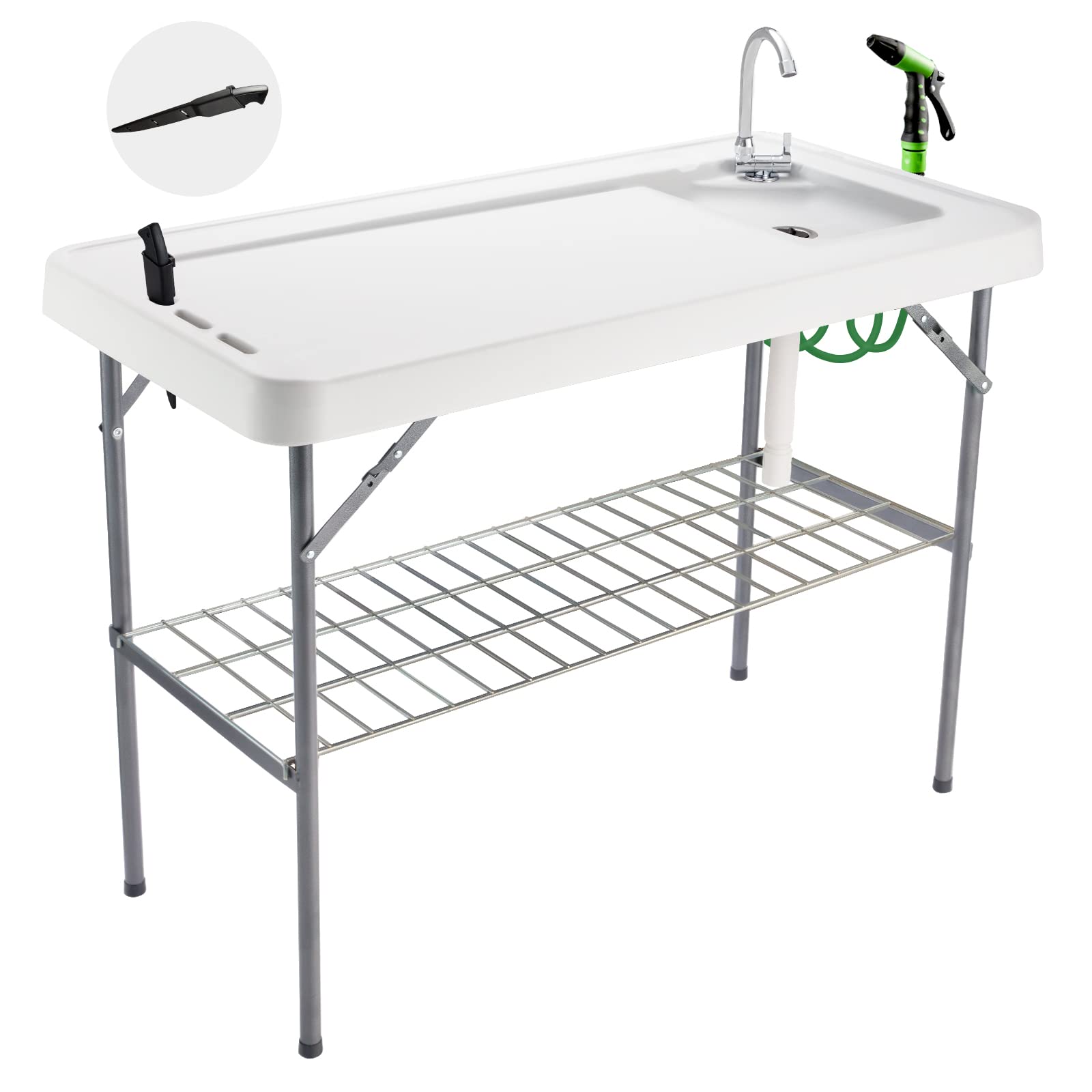 Portable Folding Fish Cleaning Table with Faucet, Drain Hose & Sprayer - Outdoor Camping Sink Station with Grid Rack & Knife Groove - Perfect for Fishing, Picnics, RV Trips & Backyard Fish Fillet Prep, Grey