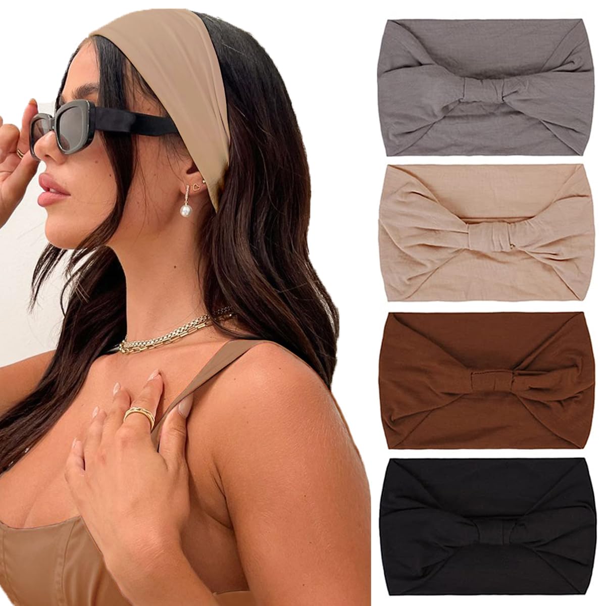 Kahanaa 4 Pack Wide Stretchy Turban Headbands for Women - Soft Yoga Head Wraps with Twisted Knots - Perfect for Workouts, Running, Gym & Everyday Fashion Accessories