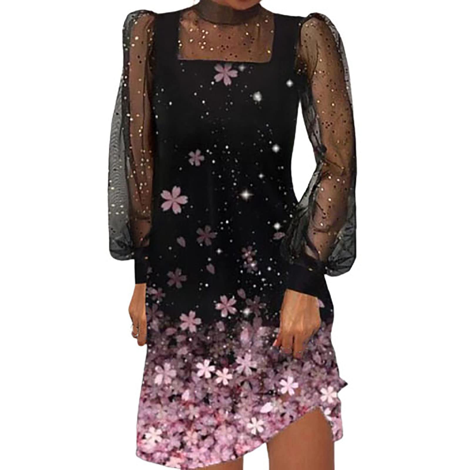 FAVIPT Women's Floral Butterfly Print Mesh Turtleneck Lace Patchwork Sequin Dress - Elegant Cocktail Party & Evening Wear for Special Occasions