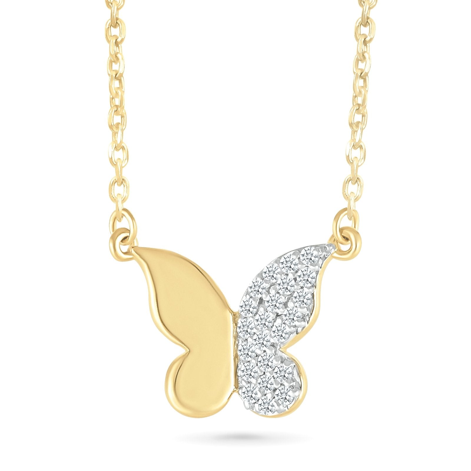 10k Yellow Gold Half Diamond Pave Butterfly Pendant Necklace - Elegant Jewelry Gift for Women, Perfect for Valentine's Day, Anniversary & Special Occasions