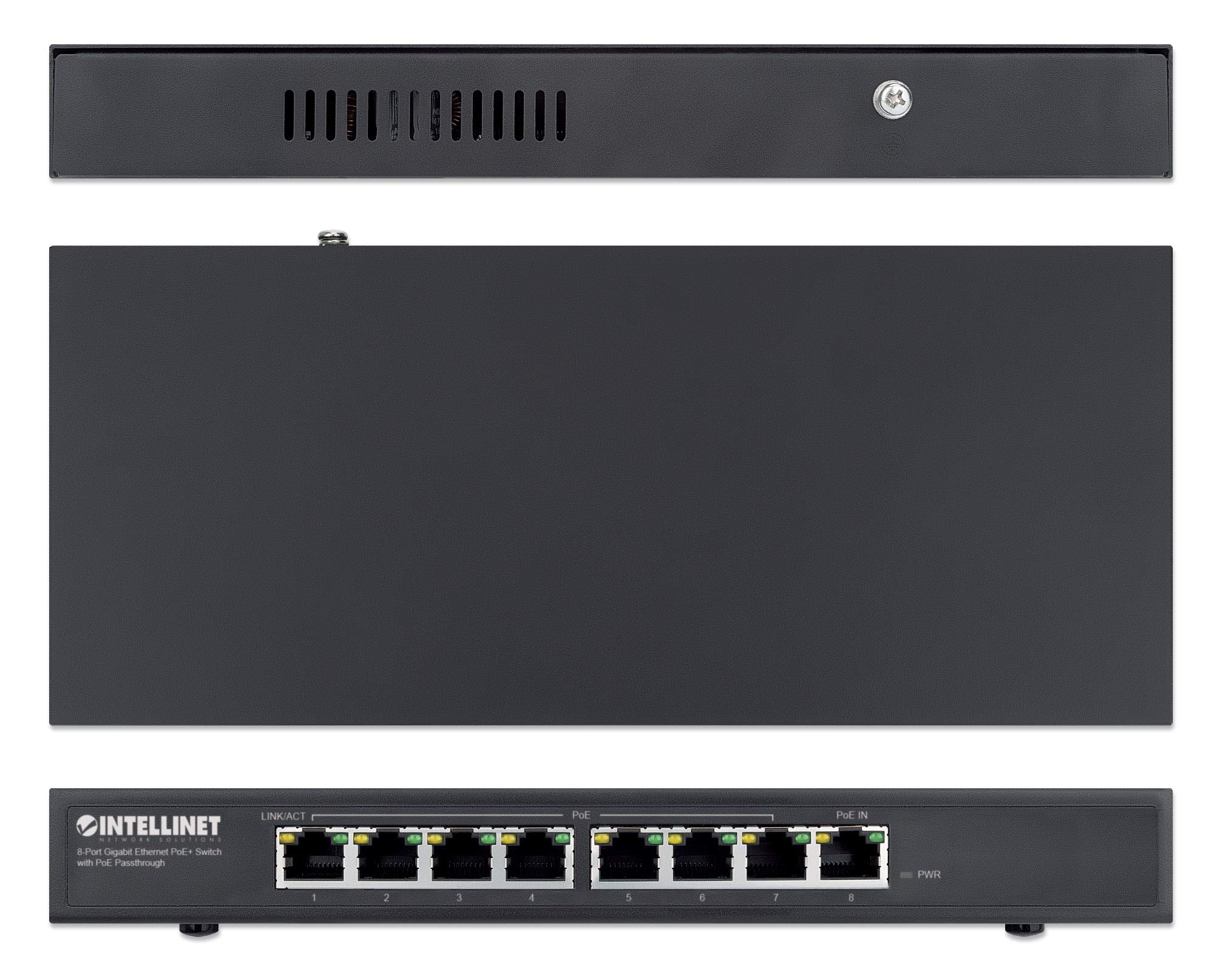 Intellinet 8-Port Gigabit PoE+ Switch with Passthrough - High-Speed Ethernet Network Switch for Home & Office (Black) - Perfect for IP Cameras, VoIP Phones & Wireless Access Points
