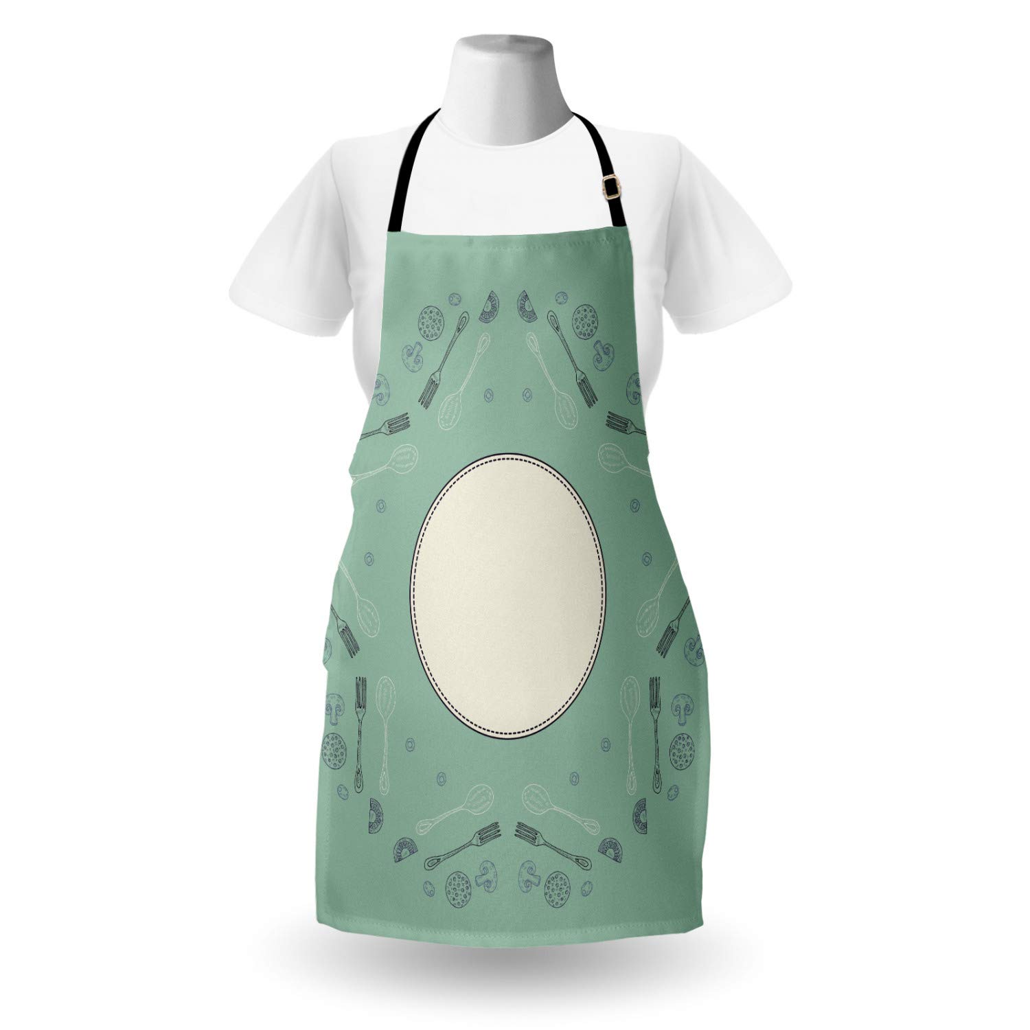 Ambesonne Personalized Chef Apron for Cooking - Pizza Ingredients & Kitchen Utensils Design in Almond Green - Adjustable Neck Bib for Adults - Perfect for Home Cooking, BBQ, Baking & Culinary Gifts