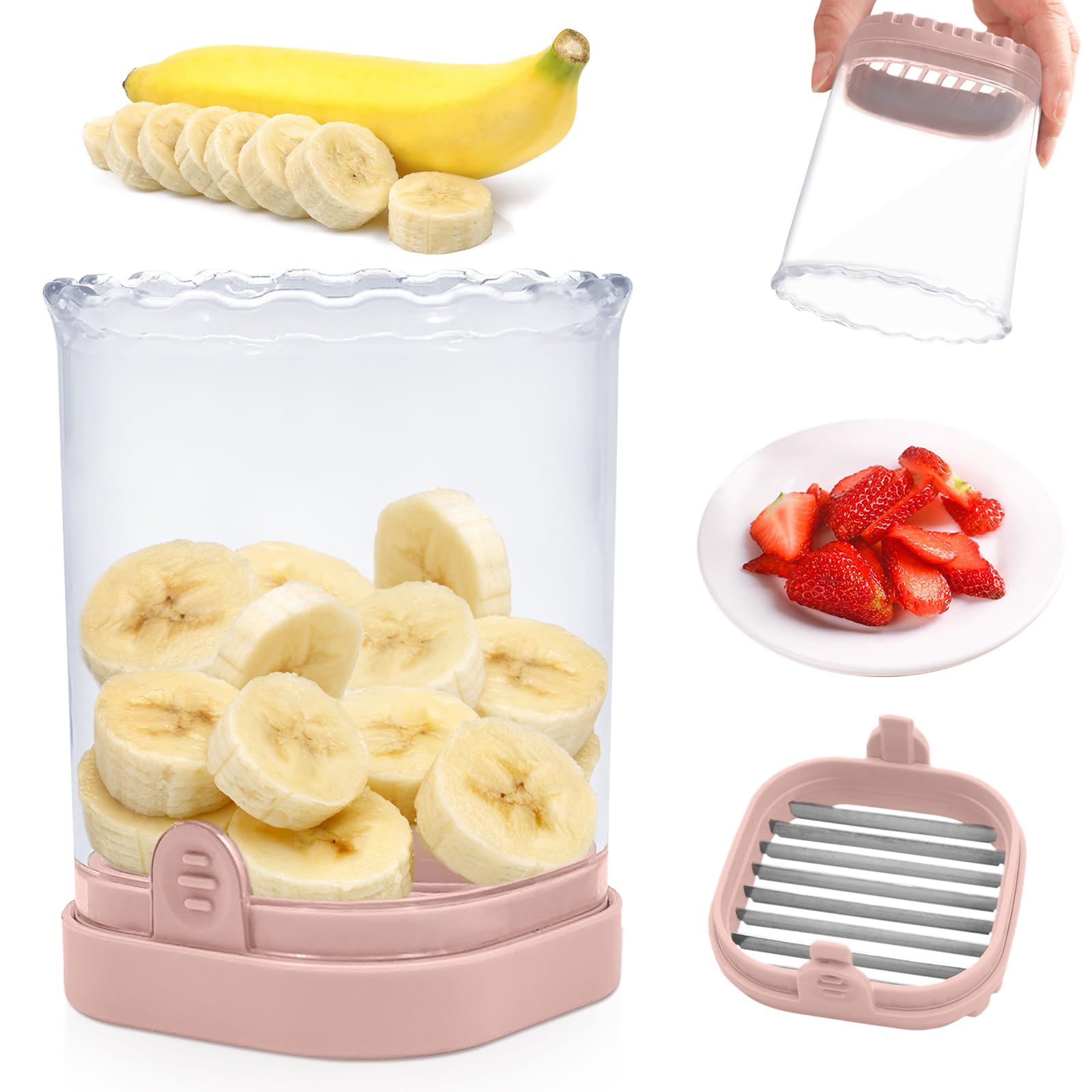 Premium Stainless Steel Fruit & Vegetable Slicer Cup - Efficient Strawberry, Banana, Egg Cutter with Push Plate - Kitchen Gadget for Smoothies, Salads & Meal Prep (Pink)