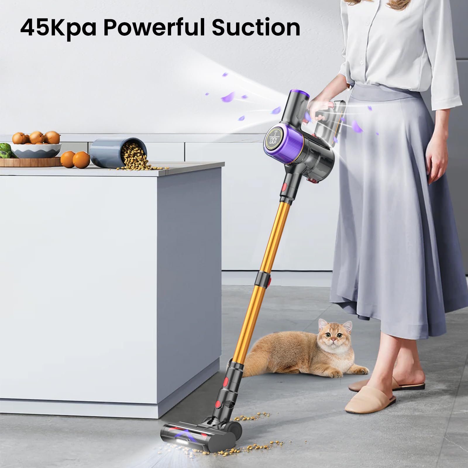 Powerful 45Kpa/550W Cordless Vacuum Cleaner with Touch Display - 50 Min Runtime, 1.5L Dust Cup & Anti-Tangle Brush - Lightweight Stick Vacuum for Hard Floors, Carpets & Pet Hair - Perfect for Quick Cleanups & Deep Cleaning in Homes with Pets
