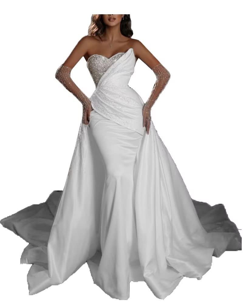 Elegant Mermaid Wedding Dress with High Slit & Beaded Sequins - Sweetheart Neckline, Detachable Train - Perfect for Beach, Church, and Formal Weddings - DR0108-05