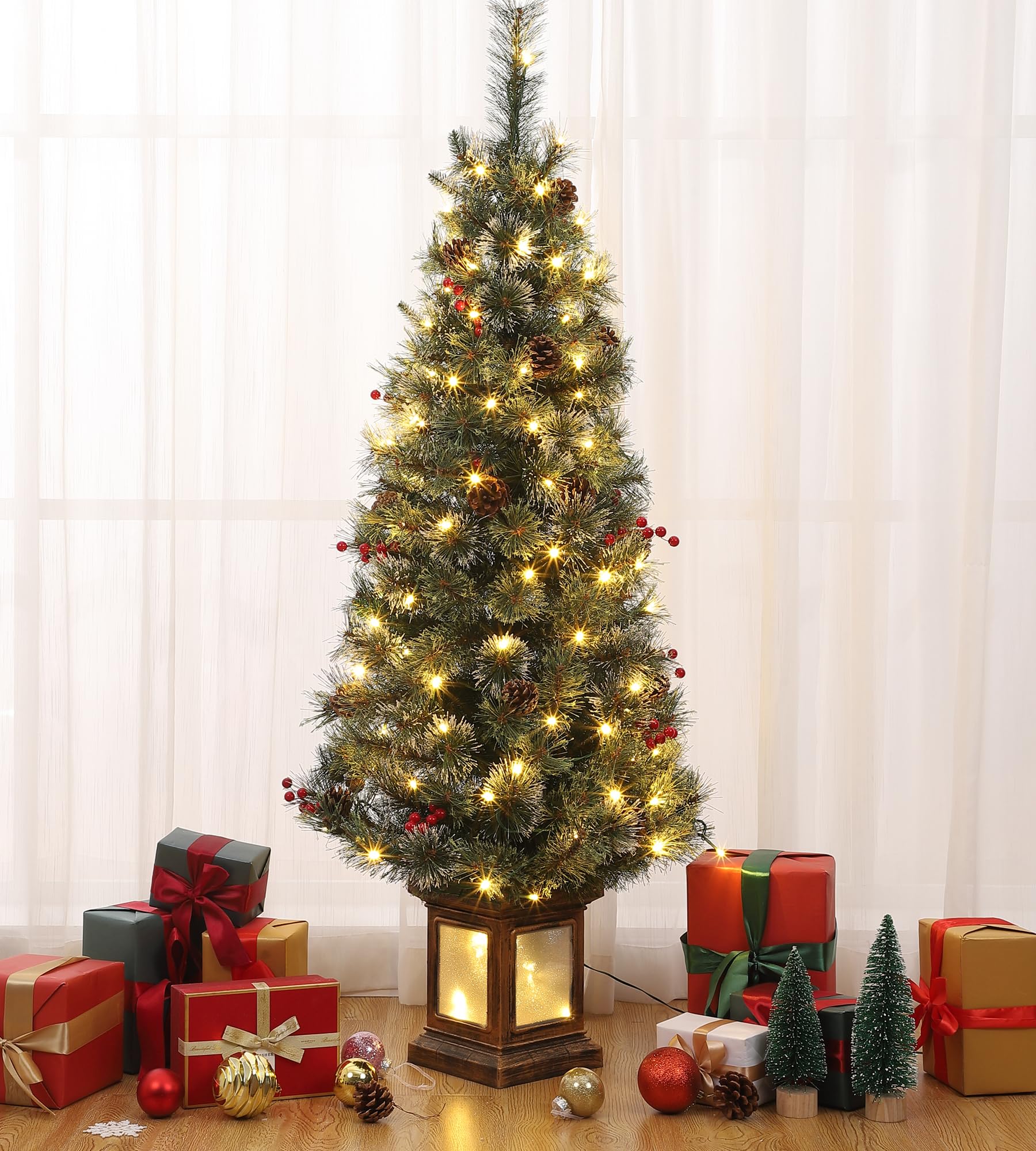 GARVEE 4.5FT Pre-Lit Artificial Christmas Pine Tree with 100 Warm White LED Lights - Hinged Metal Trunk & Bendable Branches - Transparent Light Box Base - Perfect for Home, Office, Party & Holiday Decorations