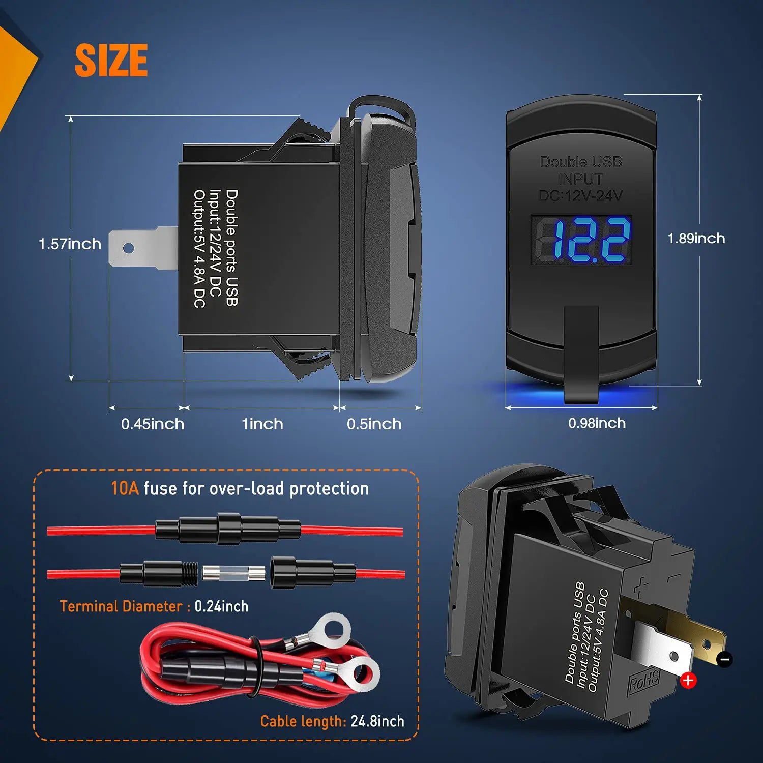 12V Rocker Switch Dual USB Charger with LED Voltmeter - Perfect for Cars, Trucks, Boats & RVs