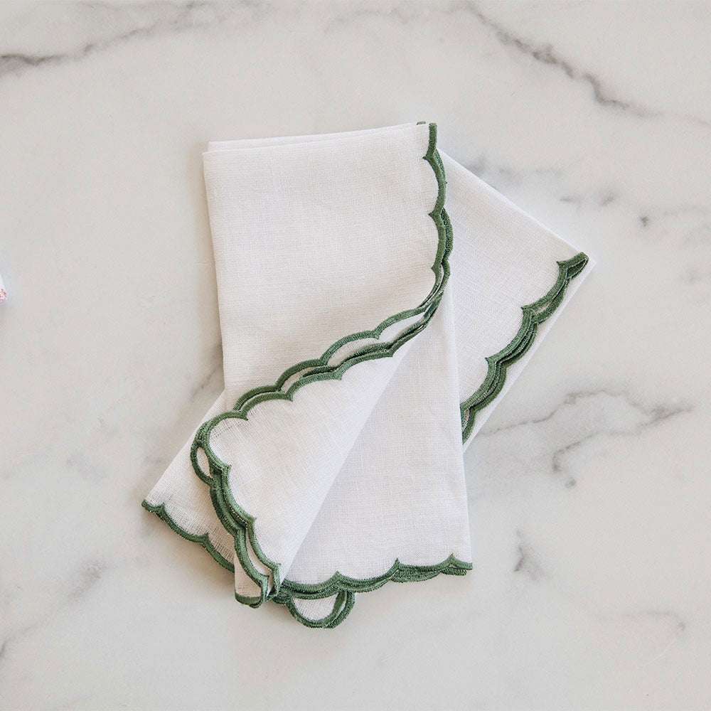 Premium Scallop Edge Linen Napkin Set - 100% Natural Green Table Linens for Elegant Dining, Wedding Decor & Home Entertaining