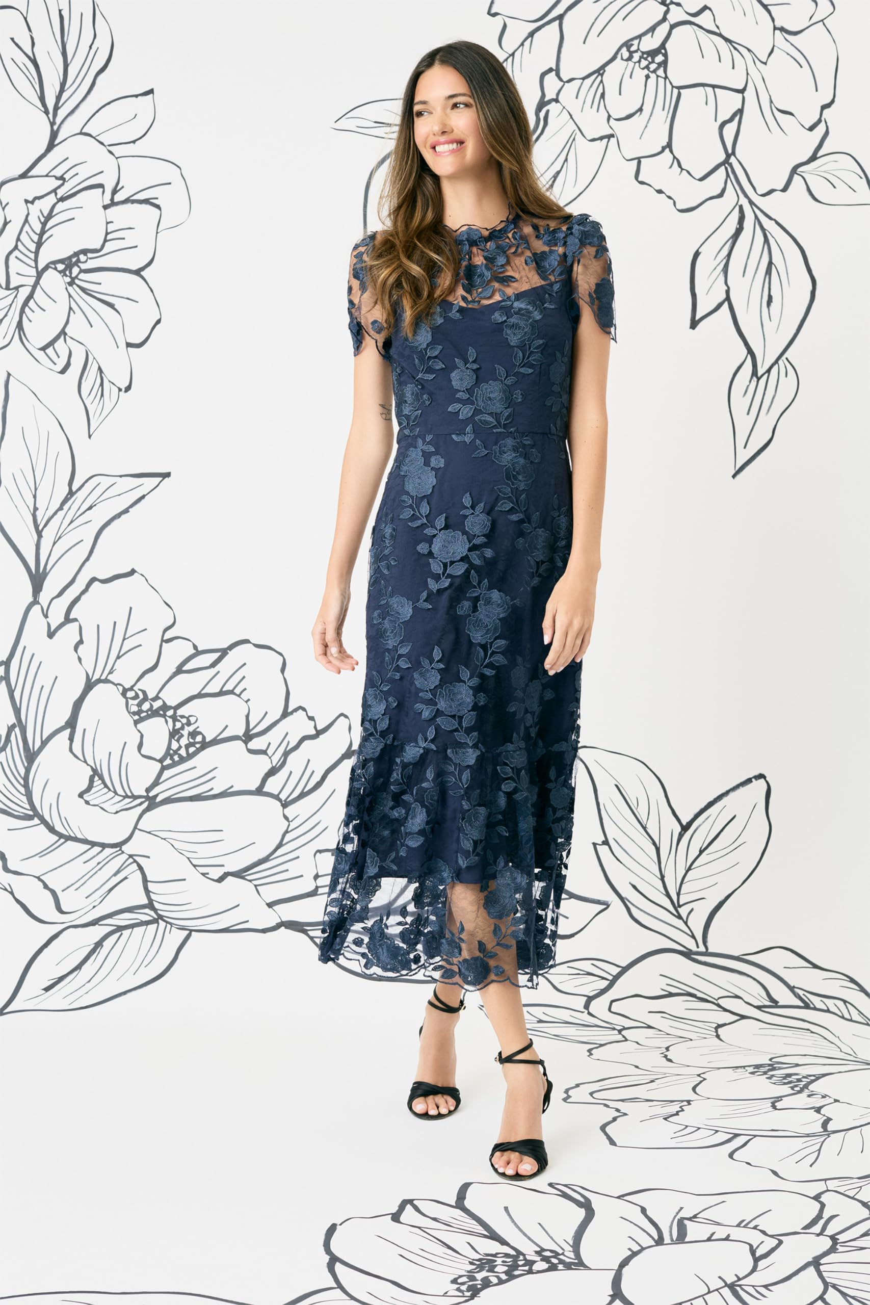 Maggy London Floral Embroidered Midi Dress for Women | High Neck Summer Cocktail Dress | Wedding Guest Dress | Perfect for Garden Parties & Formal Events