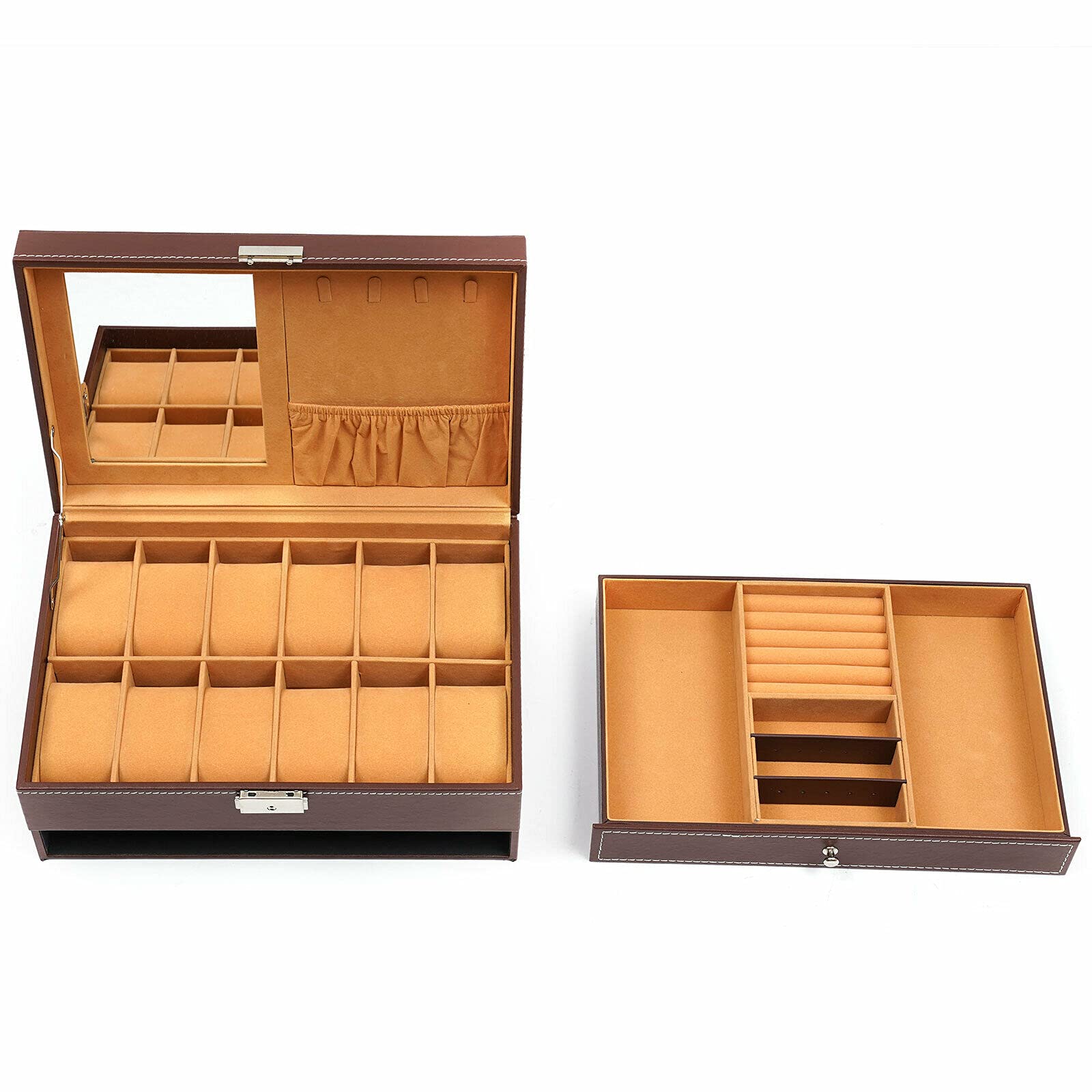 Premium Leather Jewelry & Watch Organizer Box with Mirror - 2 Layers, 12 Slots for Necklaces, Rings, Earrings - Perfect Storage Solution for Women, Men & Travel Use