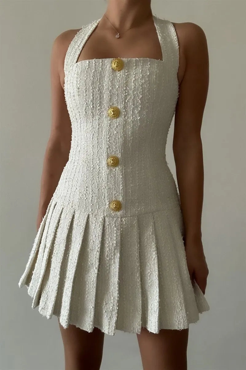 Christine Halterneck Tweed Mini Dress for Women - Elegant Vintage Style Party Cocktail Dress for Night Out, Date Night, and Special Occasions