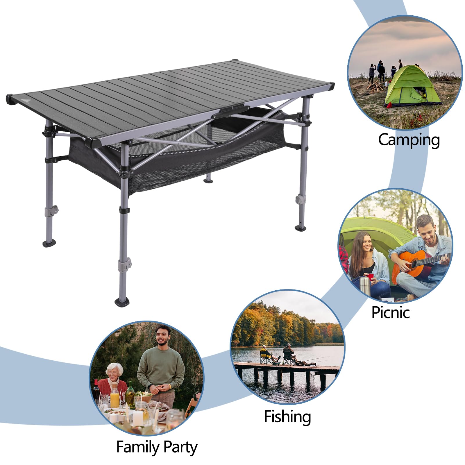 Ablazer Adjustable Height Aluminum Camping Table with Carry Bag - Portable Roll-Up Picnic Table for 4-6 People - Perfect for Outdoor, Camping, Beach, BBQ & Tailgating Parties