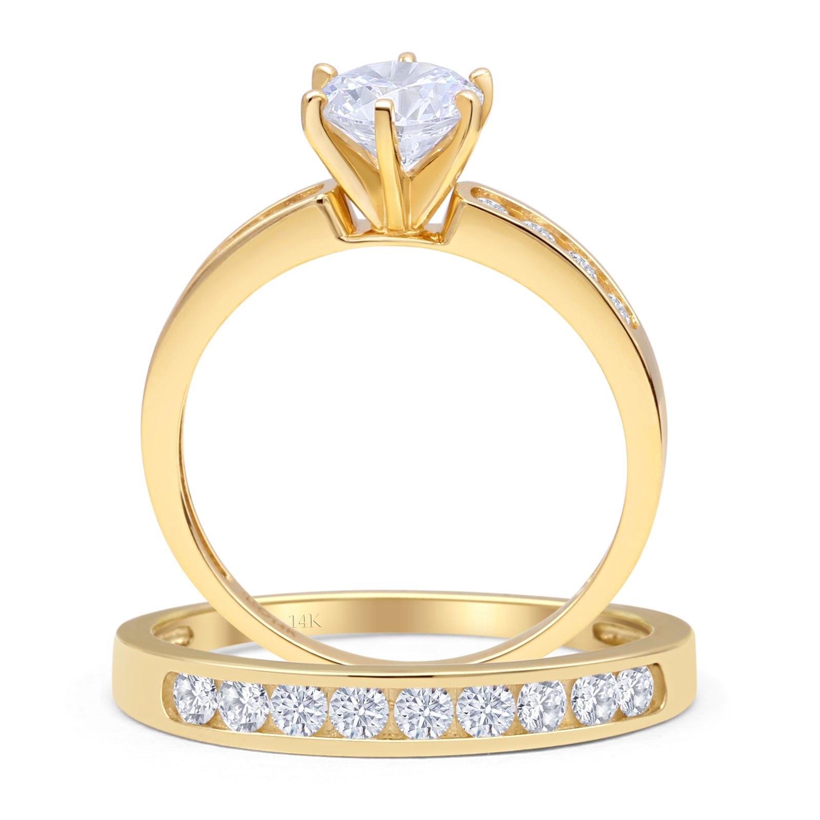 14K Yellow Gold Two Piece Half Eternity Round Cubic Zirconia Cathedral Wedding Ring Set - Perfect for Bridal Jewelry, Anniversary Gifts & Special Occasions