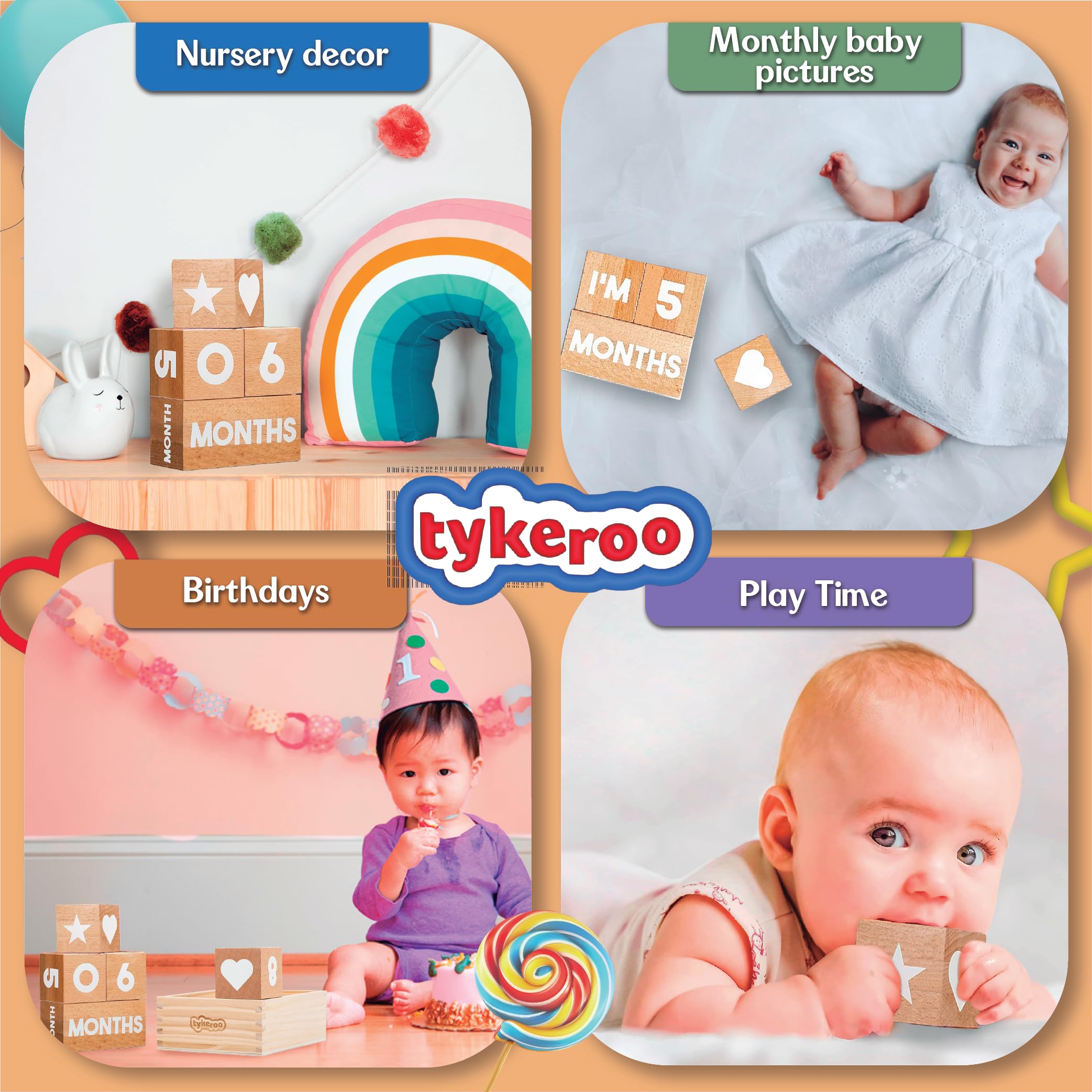Tykeroo Baby Monthly Milestone Blocks - Natural Beech Wood Nursery Decor - Newborn Photography Props - Perfect Baby Shower Gift for Boys & Girls | Capture Precious Moments from 1-12 Months