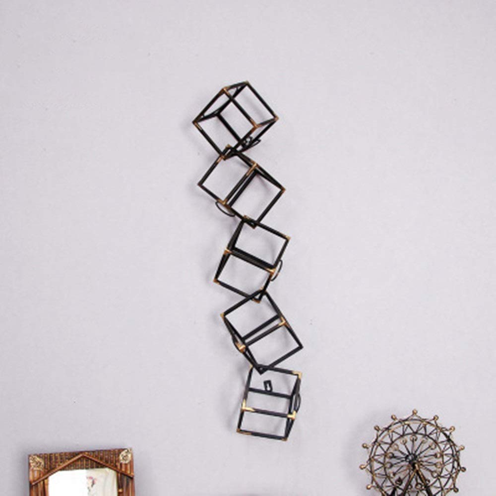 Vintage Metal Wall Mounted Wine Rack - 5-Tier Square Wine Shelf with Mug Holder, Hanging Wine Cooler & Bottle Storage - Perfect for Kitchen, Bar, Dining Room & Home Decor (Metal Frame)