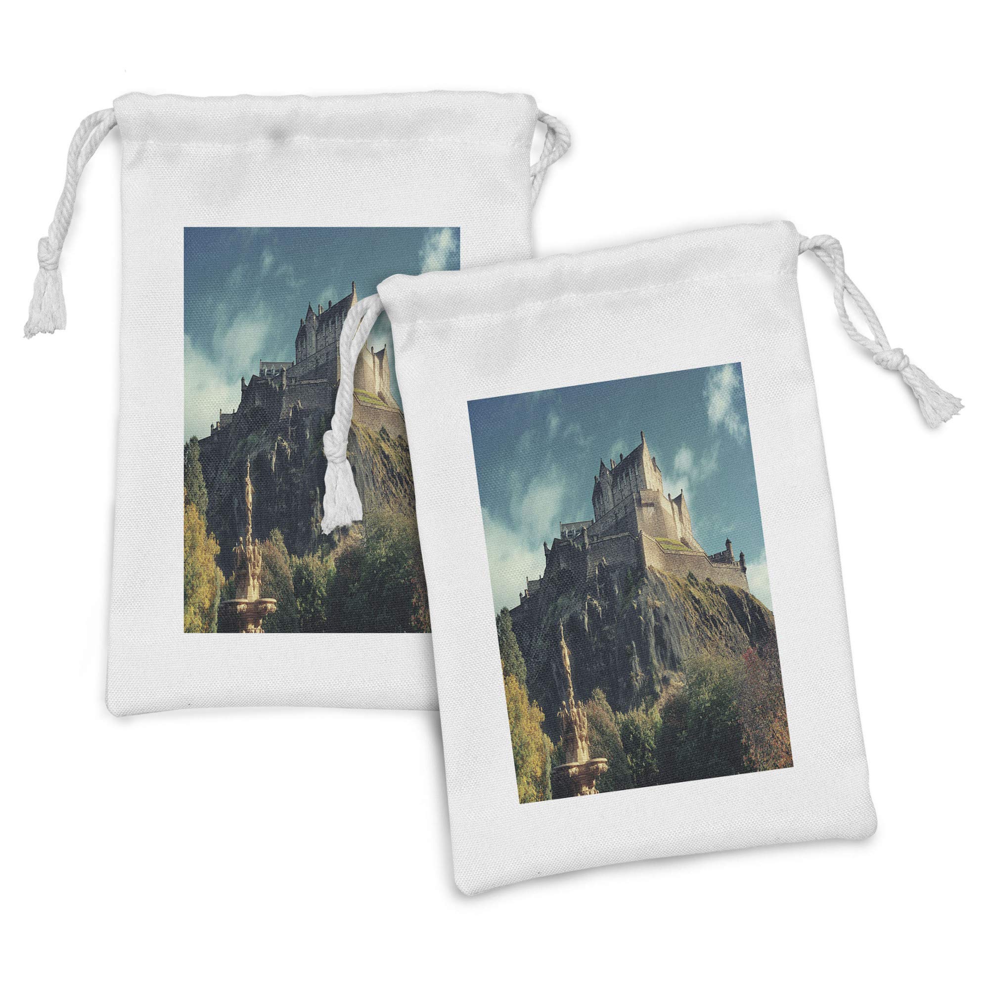 Ambesonne Edinburgh Fabric Pouch Set of 2 - European Landmark Photo with Famous Castle on Rock Cliffs & Fountain - Small Drawstring Bag for Toiletries, Masks, Favors - 9