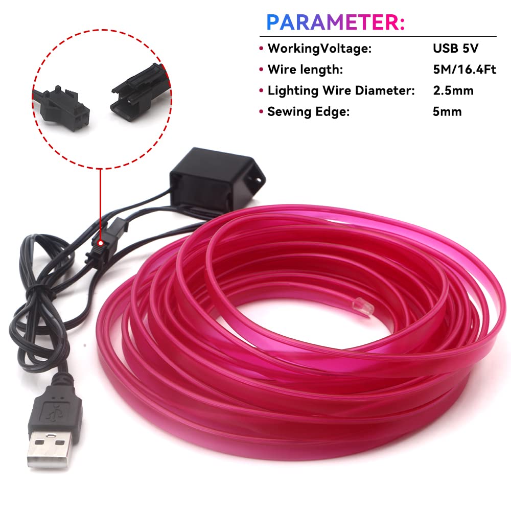 Purple EL Wire Lights for Car Interior - 16FT/5M USB-Powered LED Neon Strip Lights (5V) - Perfect for Car Decor, Garden Parties & Nighttime Events