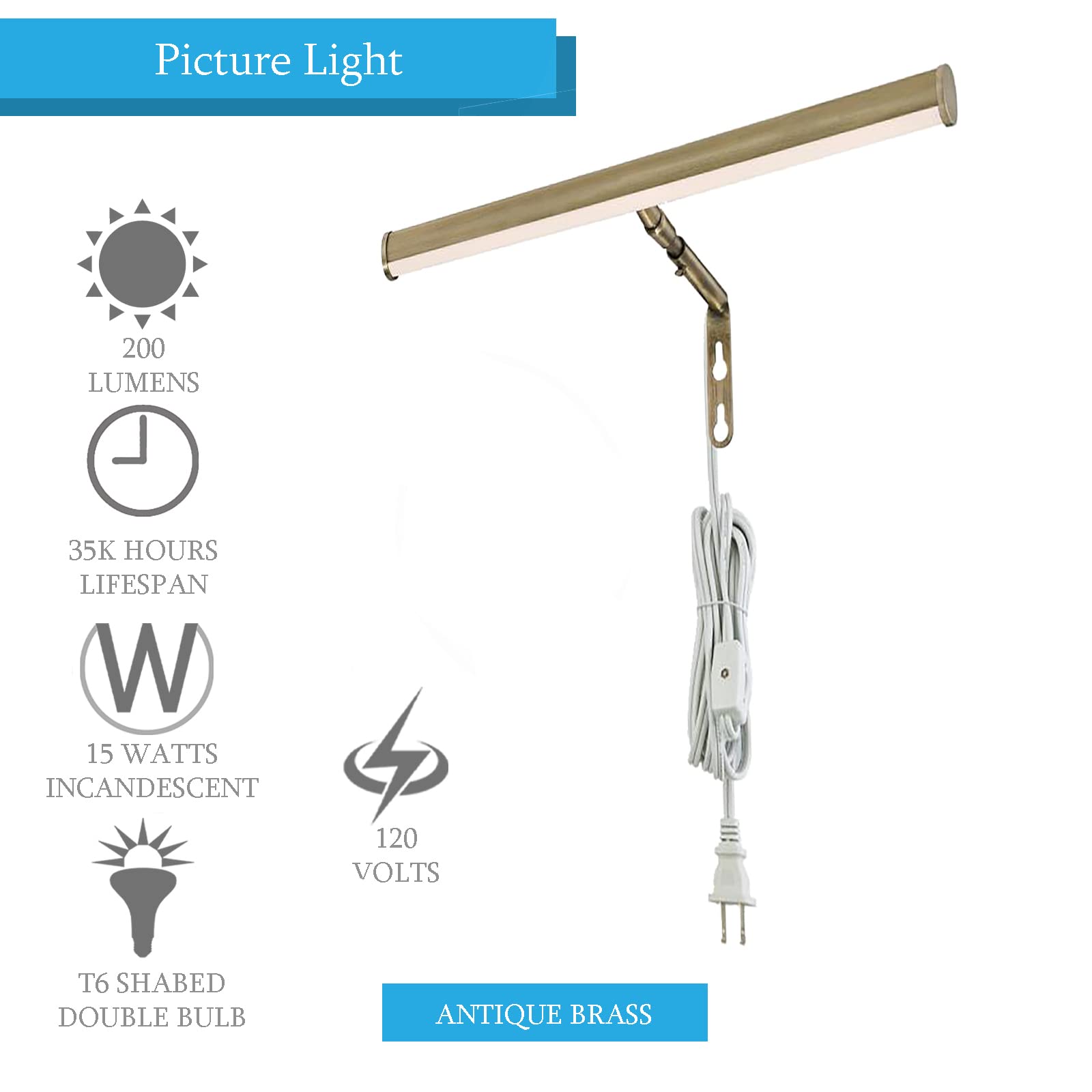 Ciata Adjustable 7-Inch Integrated LED Picture Light - 15W Artwork Lighting with E12 Candelabra Base & On/Off Switch - Antique Brass Wall Frame Light for Paintings, Photos & Home Decor