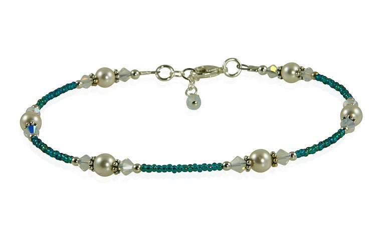 Opal Teal Crystal Pearl Beaded Anklet for Women - Elegant Adjustable Ankle Bracelet for Summer Beach, Boho Fashion & Wedding Accessories