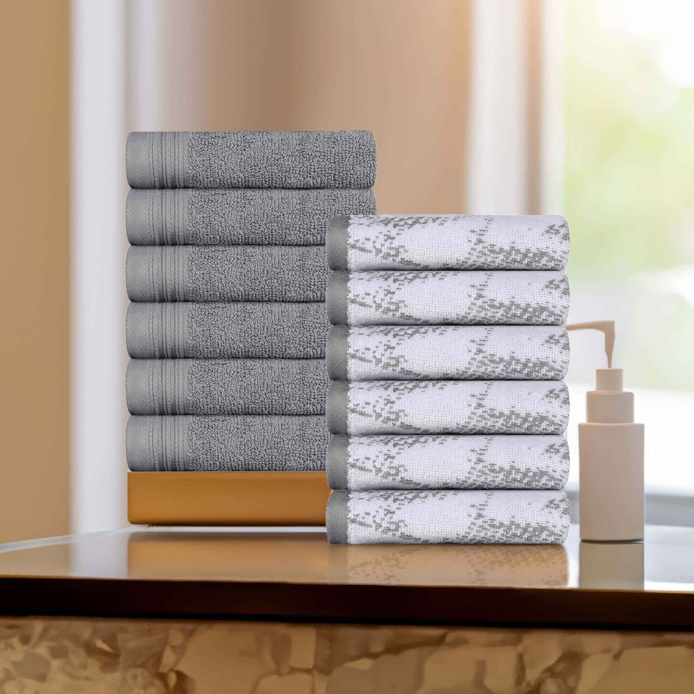 12-Pack Quick-Dry Cotton Face Towels - Solid & Marble Design for Gym, Travel, Spa, and Home Use | Soft & Absorbent Bath Towel Set