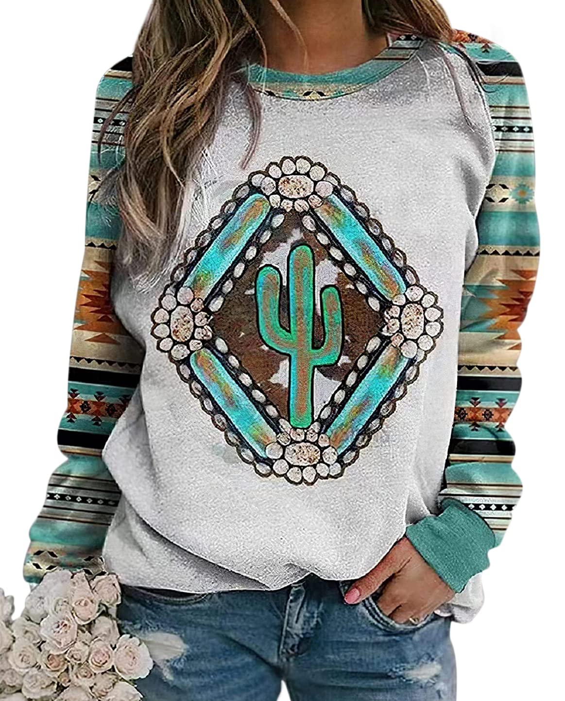 Lafolie Women's Western Aztec Print Crewneck Sweatshirt - Long Sleeve Ethnic Style Casual Top for Fall & Winter | Perfect for Boho Outfits, Music Festivals and Everyday Wear