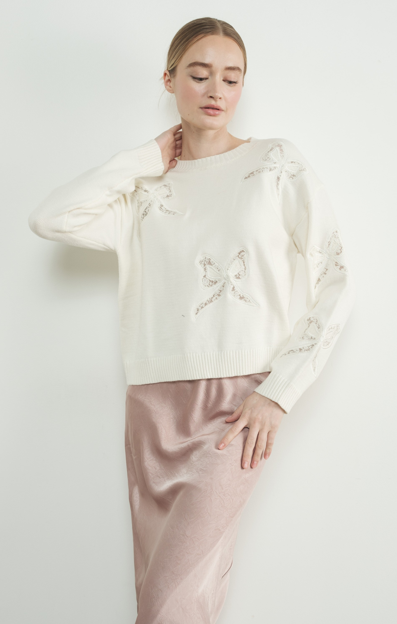 Camila Lace Bow Sweater - Women's Elegant Knit Pullover with Bow Detail | Perfect for Office, Date Night & Fall Outfits