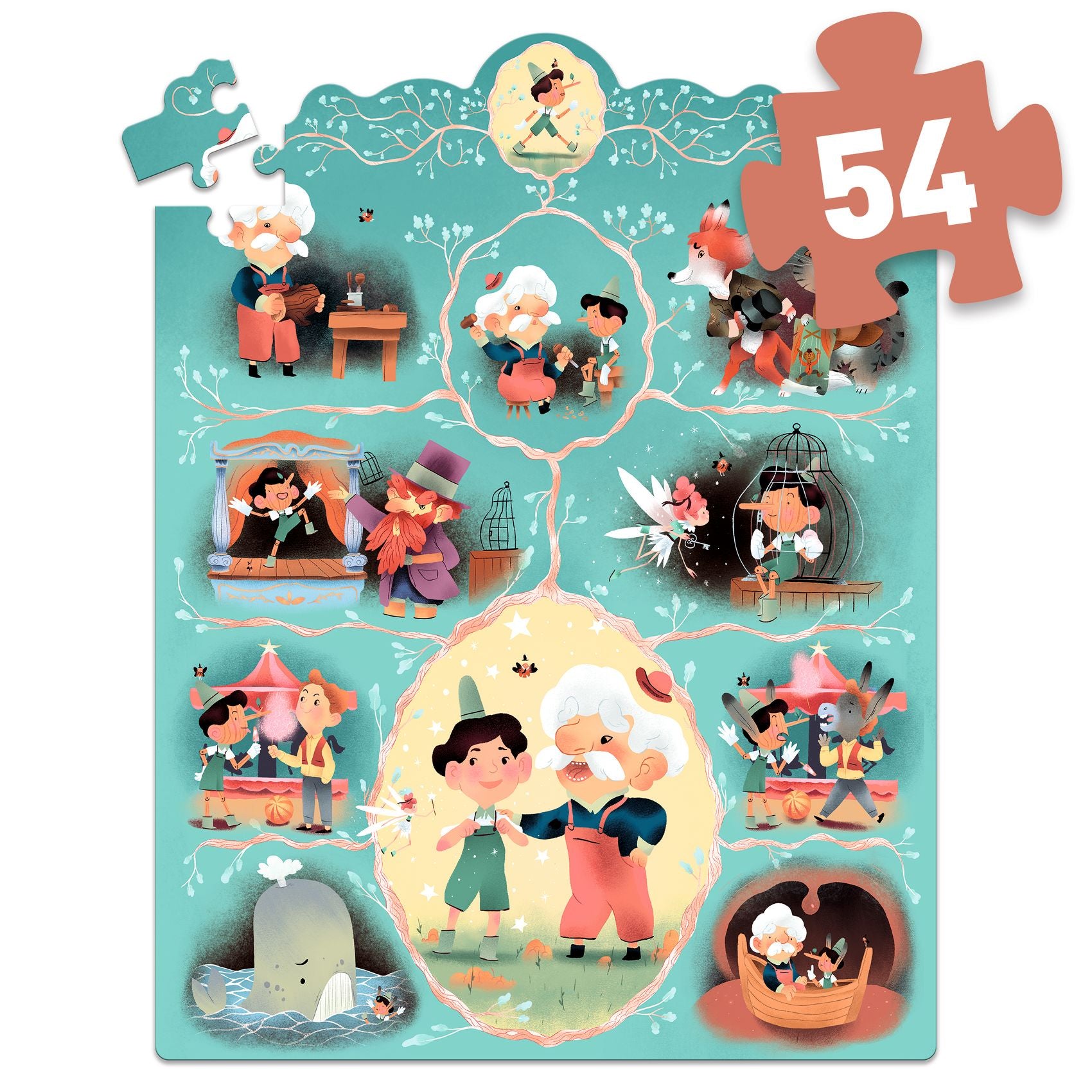 Djeco Pinocchio 54-Piece Story Puzzle for Kids - Wooden Jigsaw Puzzle with Fairy Tale Illustrations - Perfect for Family Game Night & Early Childhood Education