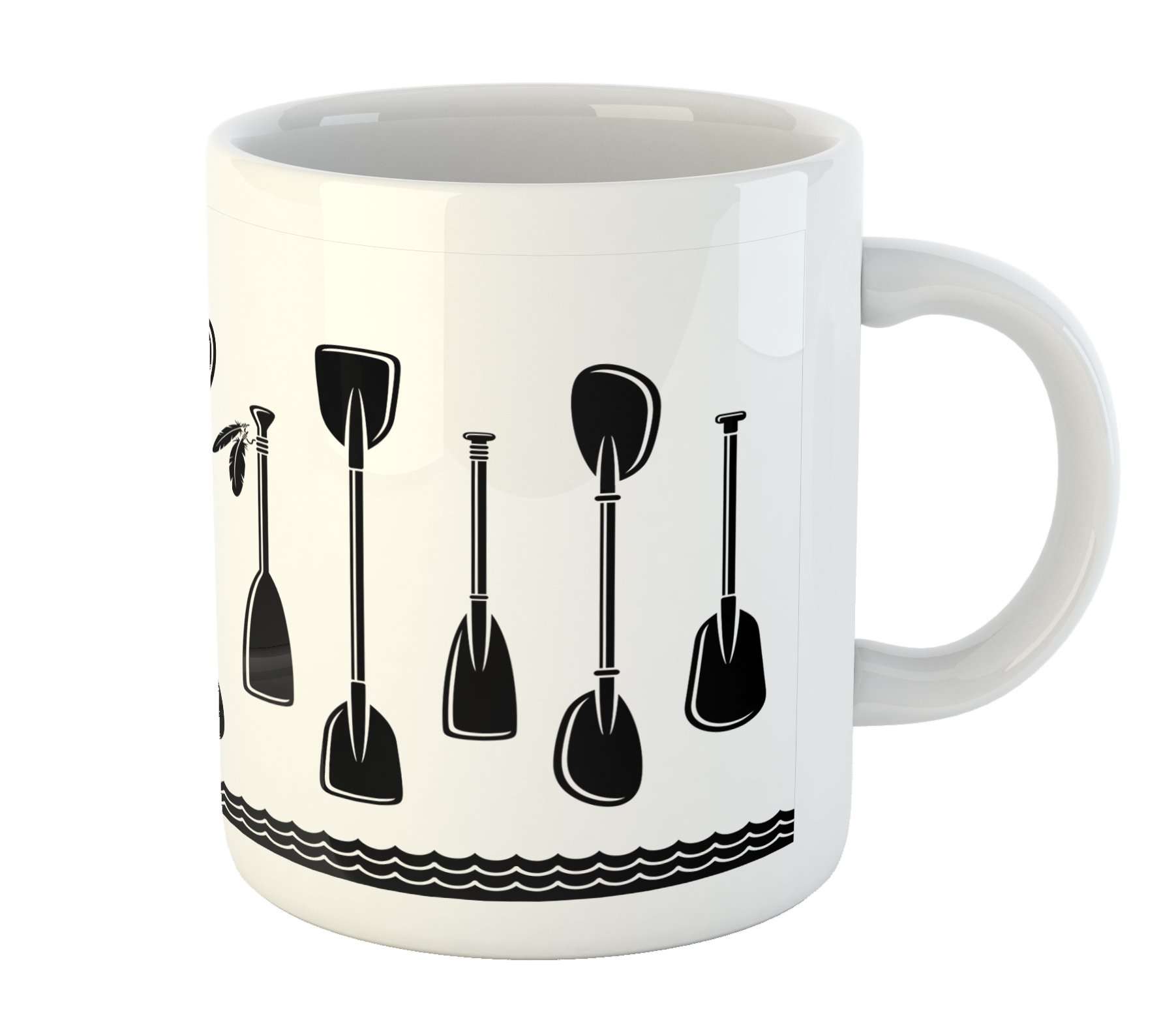 Lunarable Kayak & Oar Design Ceramic Coffee Mug - 11oz Travel Mug for Tea, Water & Hot Drinks - Black & White Printed Cup - Perfect for Camping, Boating & Outdoor Adventures