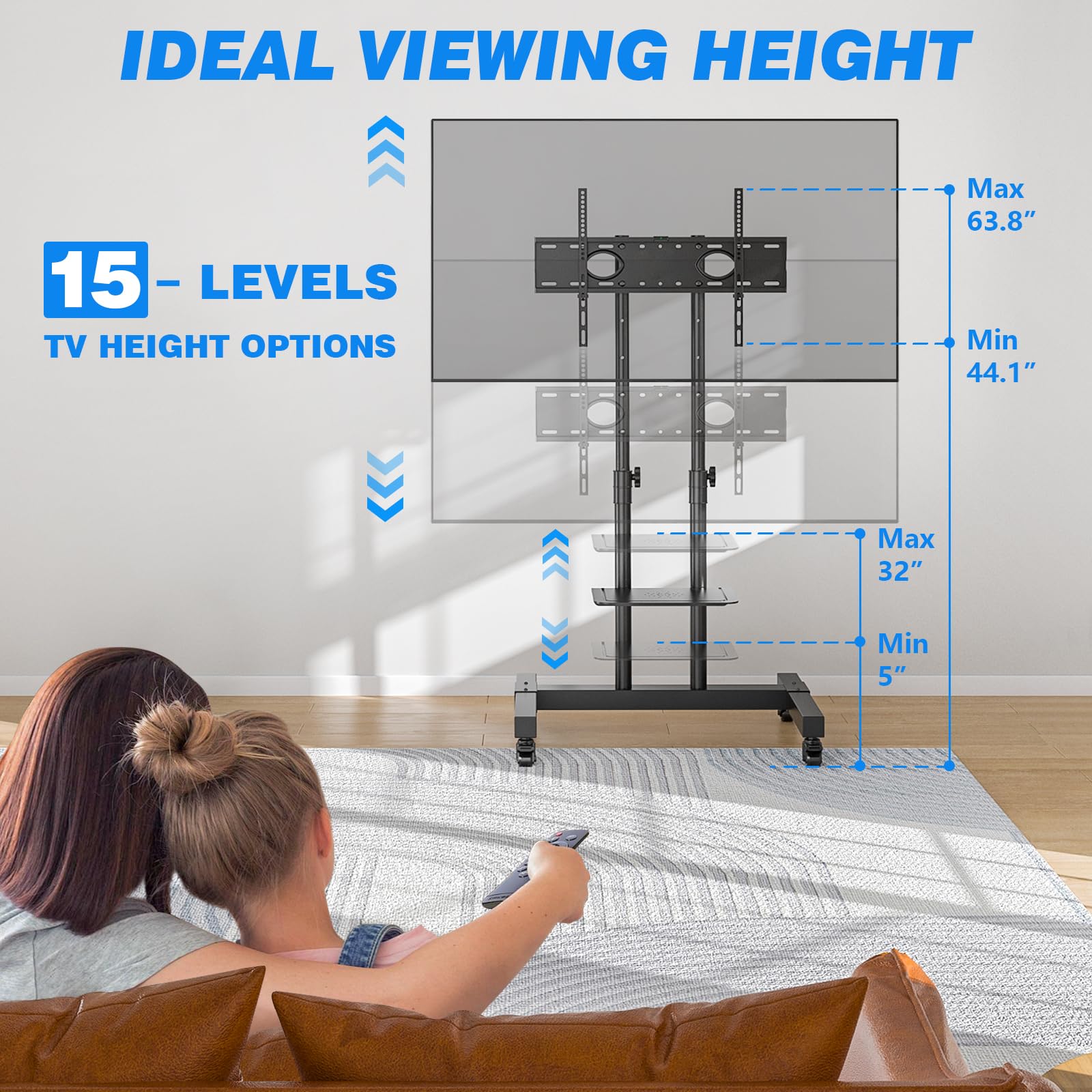 Rfiver Mobile TV Cart - Adjustable Rolling TV Stand for 32-83 Inch Screens (Up to 110lbs), Portable TV Stand with Wheels & Height Adjustable Shelf, Universal VESA 600x400mm - Perfect for Home, Office & Outdoor Use (Black)