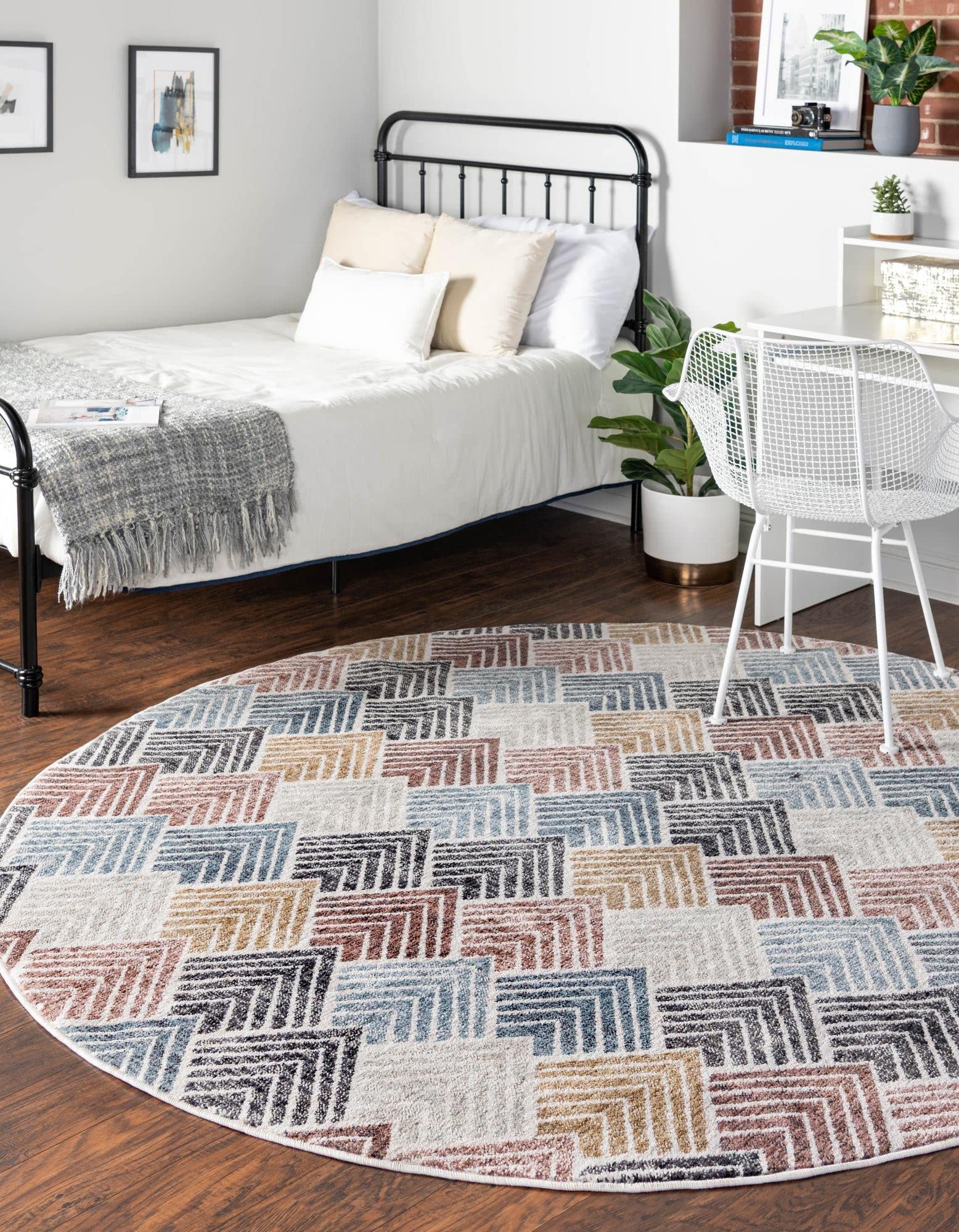 Unique Loom Eco Trellis Collection Round Area Rug 7x7 Feet - Sustainable Blue Multi-Patterned Handmade Rug for Living Room, Bedroom & Home Decor
