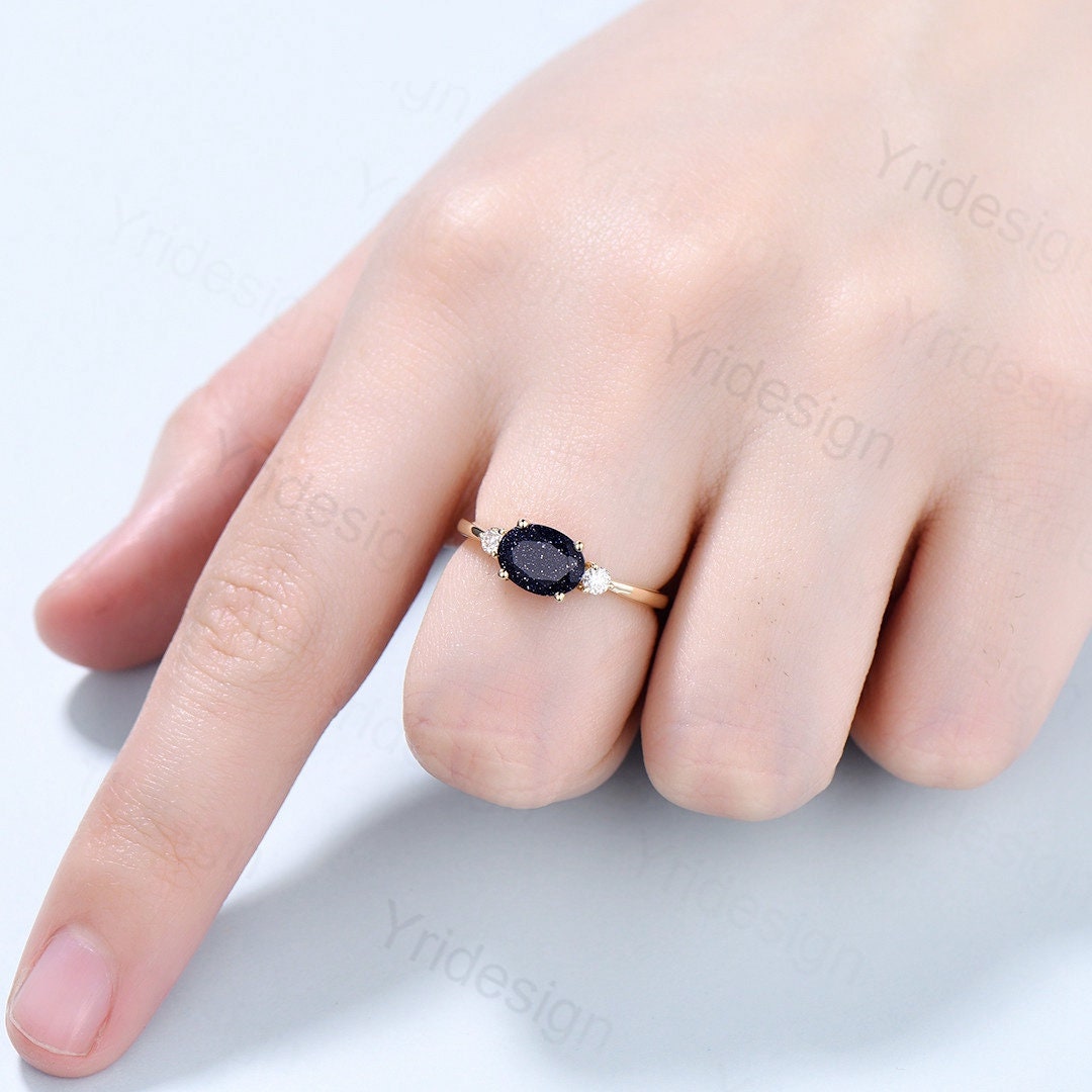 Blue Sandstone Ring for Women - Oval Galaxy Engagement Ring with Three Stones in Rose Gold | Bridal Promise Ring, Cute Starry Design for Weddings & Anniversaries