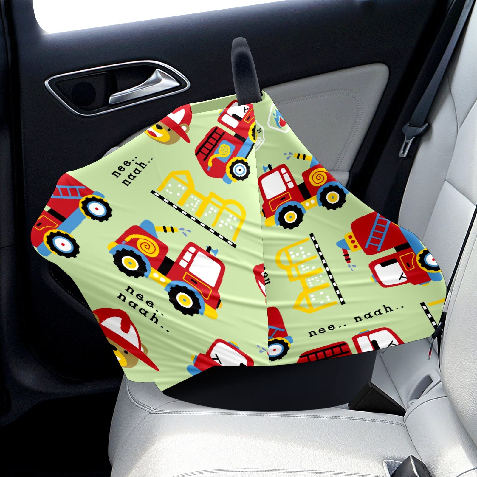 Soft Stretchy Baby Car Seat Cover - Fire Rescue Bear Cartoon Design for Infant Stroller & Carrier | Nursing Cover & Breastfeeding Scarf for New Moms | Universal Fit for Boys & Girls | Perfect for Travel, Shopping & Outdoor Protection