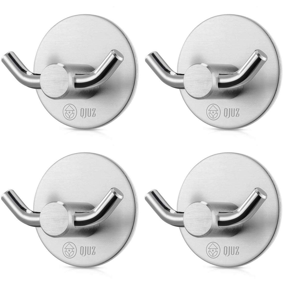 QJUZ Double Prong Adhesive Wall Hooks - Heavy Duty Stainless Steel Bathroom & Kitchen Organizer for Towels, Robes, Keys, Bags, Coats & Hats (4 Pack) - Perfect for Shower, Entryway & Closet Organization