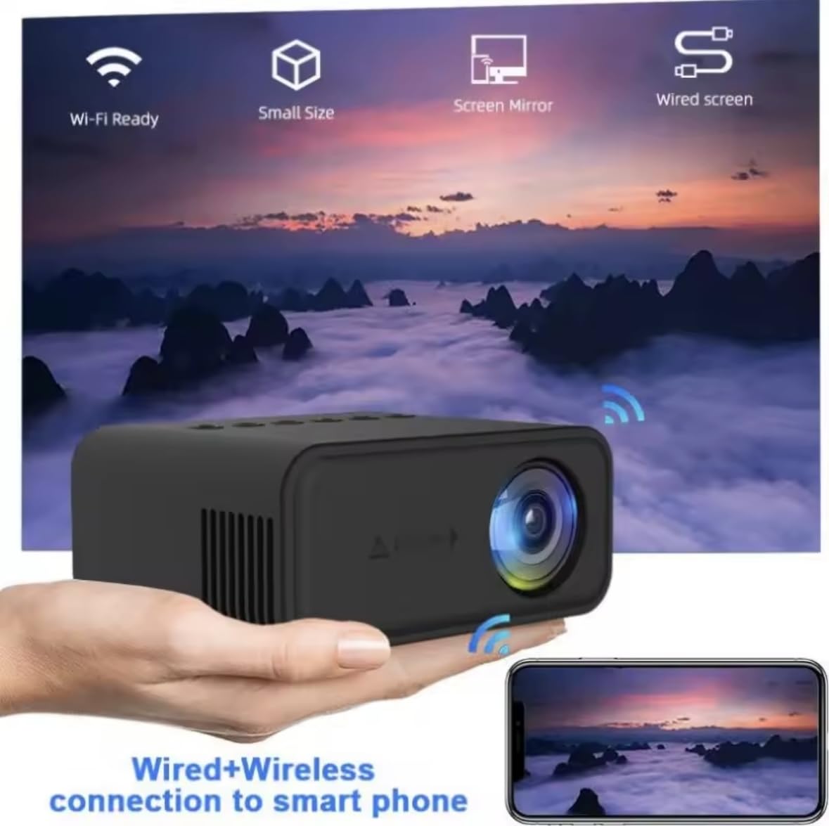YT500 Mini Portable Projector - Wireless Smartphone Mirroring, Outdoor Camping & Home Theater Beamer (Black) | Perfect for Movie Nights, Backyard Camping & Business Presentations