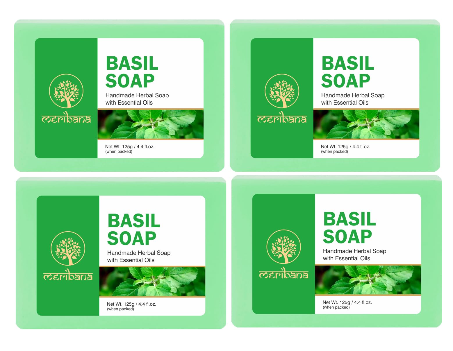 MeriBana Handmade Basil Bath Soap - 4 Pack (4 x 125g) | Natural & Organic Body Cleanser for Dry & Sensitive Skin | Perfect for Relaxing Bath, Spa Day & Gift Giving