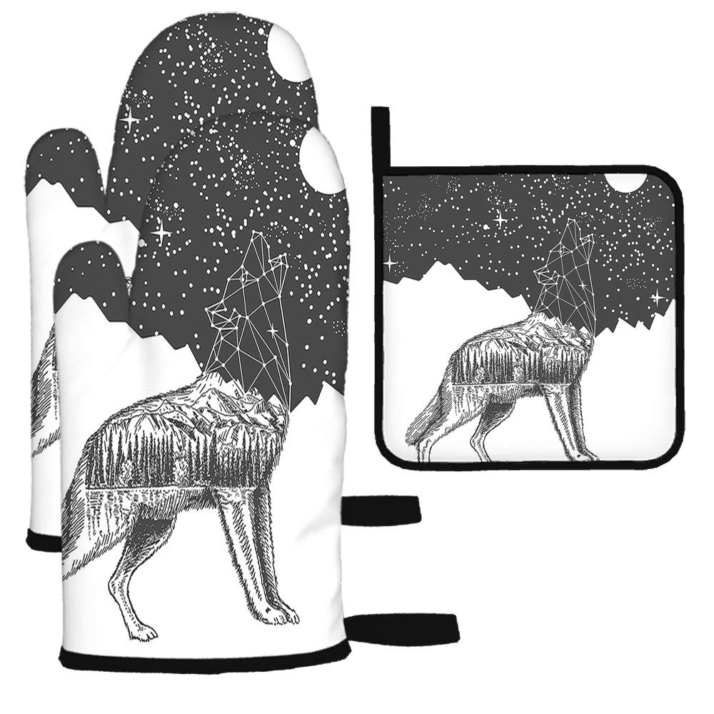 **AOYEGO Wolf Oven Mitts and Pot Holders Set of 3 - Heat Resistant Kitchen Gloves with Wild Animal Wolves Design for Cooking, Baking, BBQ & Grilling - Perfect for Home, Camping & Outdoor Use**