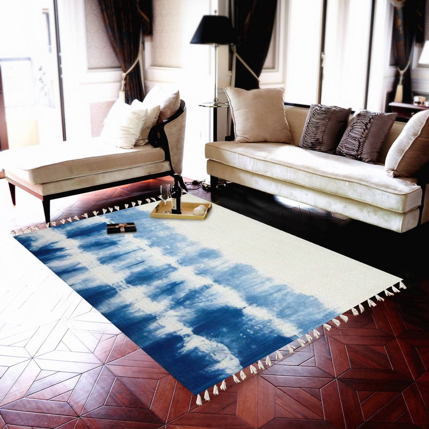 Boho Abstract Tie-Dyed Linen Area Rug - Minimalist Home Decor for Living Room, Bedroom, Patio & Hallway - Soft & Durable Carpet Mat for Indoor & Outdoor Use