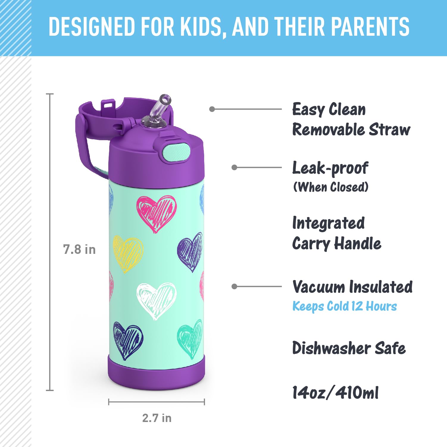 Thermos Funtainer 14oz Stainless Steel Vacuum Insulated Water Bottle with Heart Design - Leak Proof Kids Drinkware for School, Sports & Outdoor Activities