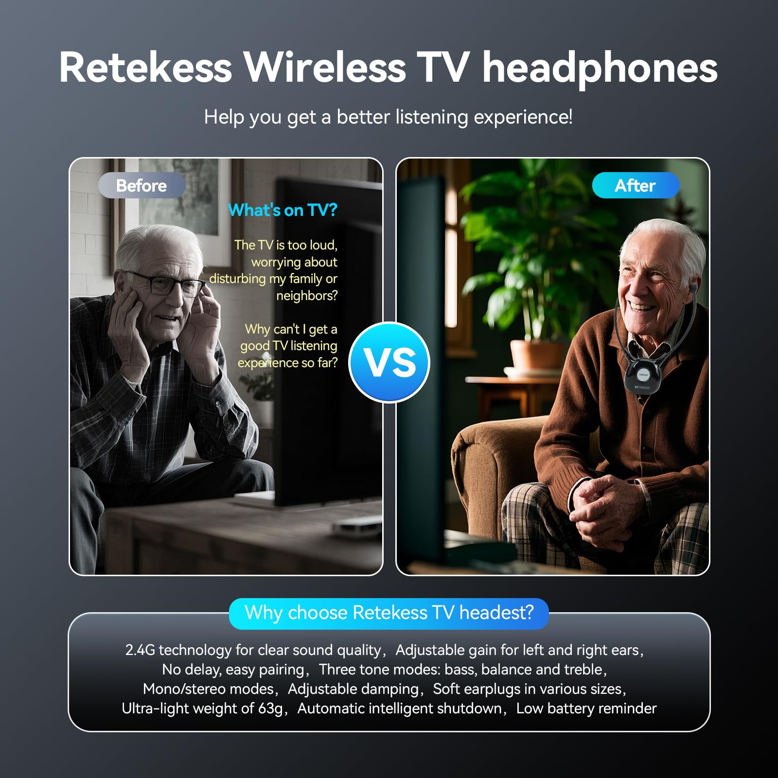 Retekess TA008 Wireless TV Headphones for Seniors & Hearing Impaired - Dual Battery Combo, Independent Left/Right Ear Volume Control - Perfect for Late-Night TV Watching, Nursing Homes & Private Viewing