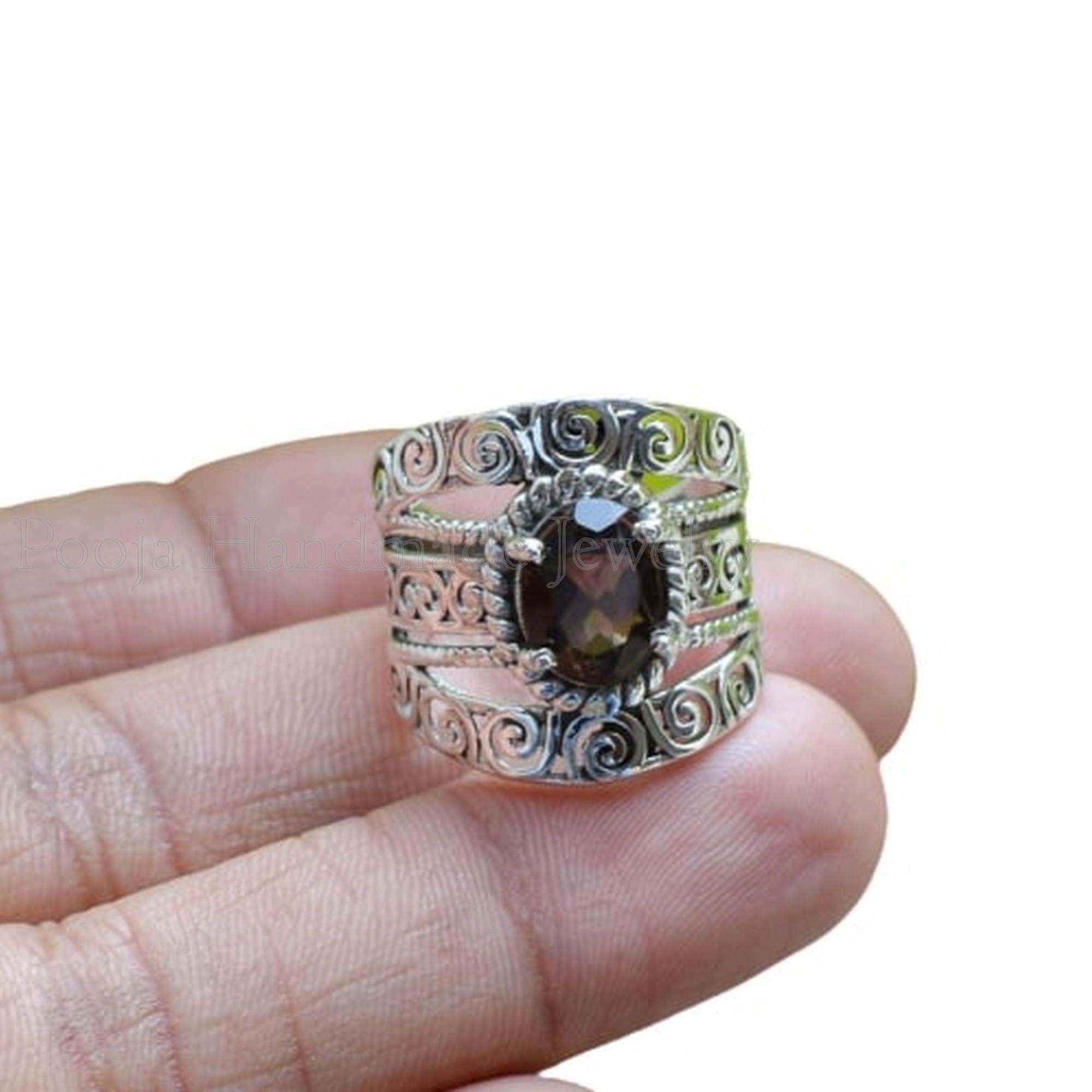 925 Sterling Silver Smoky Quartz Ring for Women - Celtic Bohemian Dainty Oval Gemstone Ring, Anniversary Gift for Her - Perfect for Boho Fashion, Weddings & Special Occasions