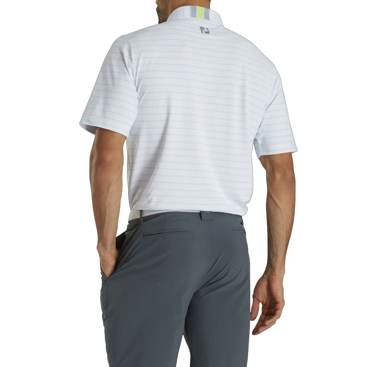 FootJoy Men's Pique Mixed Stripe Self-Collar Golf Polo Shirt - White Ice Blue - Moisture-Wicking & UV Protection for Golf & Casual Wear