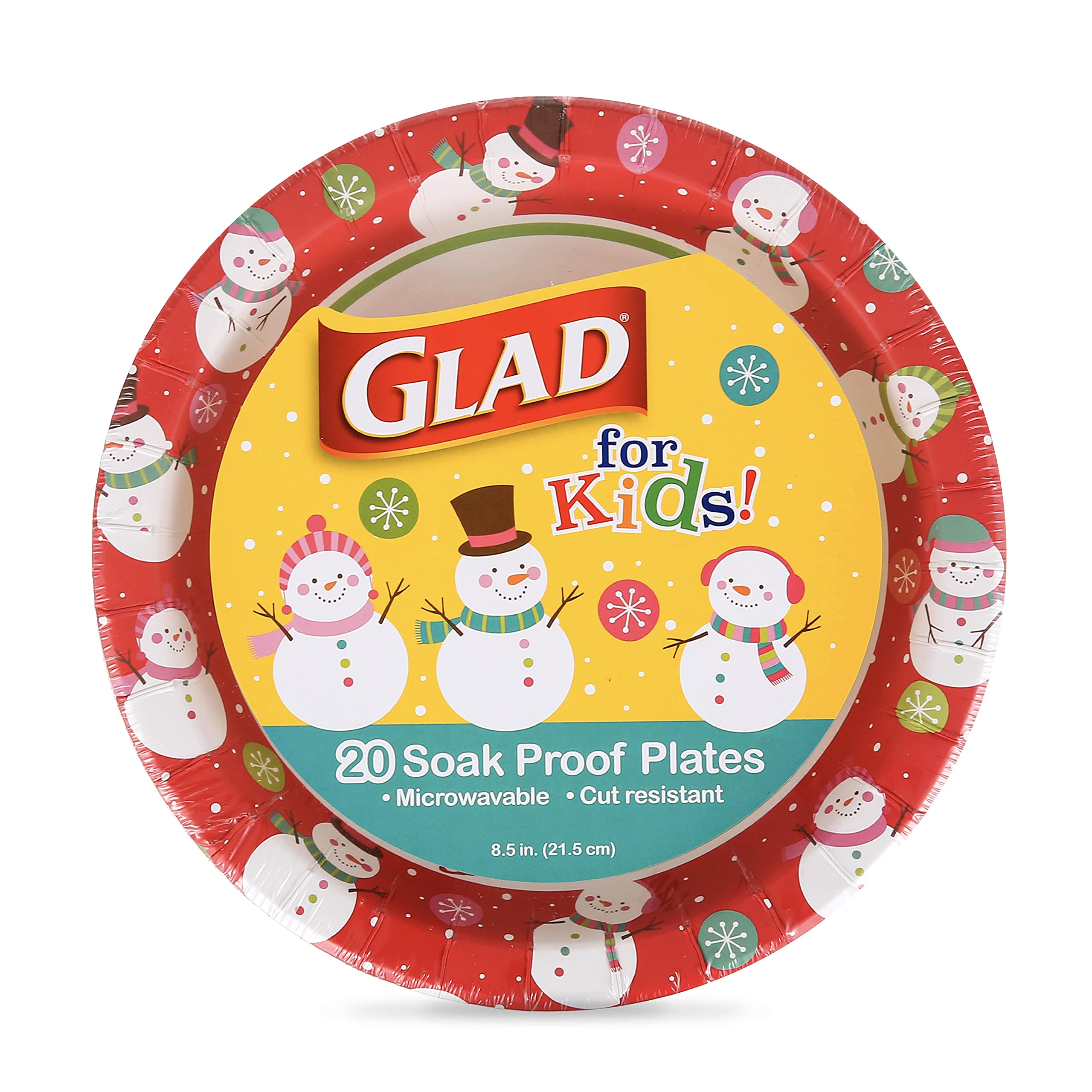 Glad for Kids Holiday Paper Plates - 20 Count | Snowman Design Disposable Plates for Children | Heavy Duty, Soak Proof & Microwave Safe | 8.5 Inch Round Plates for Christmas Parties, Birthday Celebrations & Family Gatherings